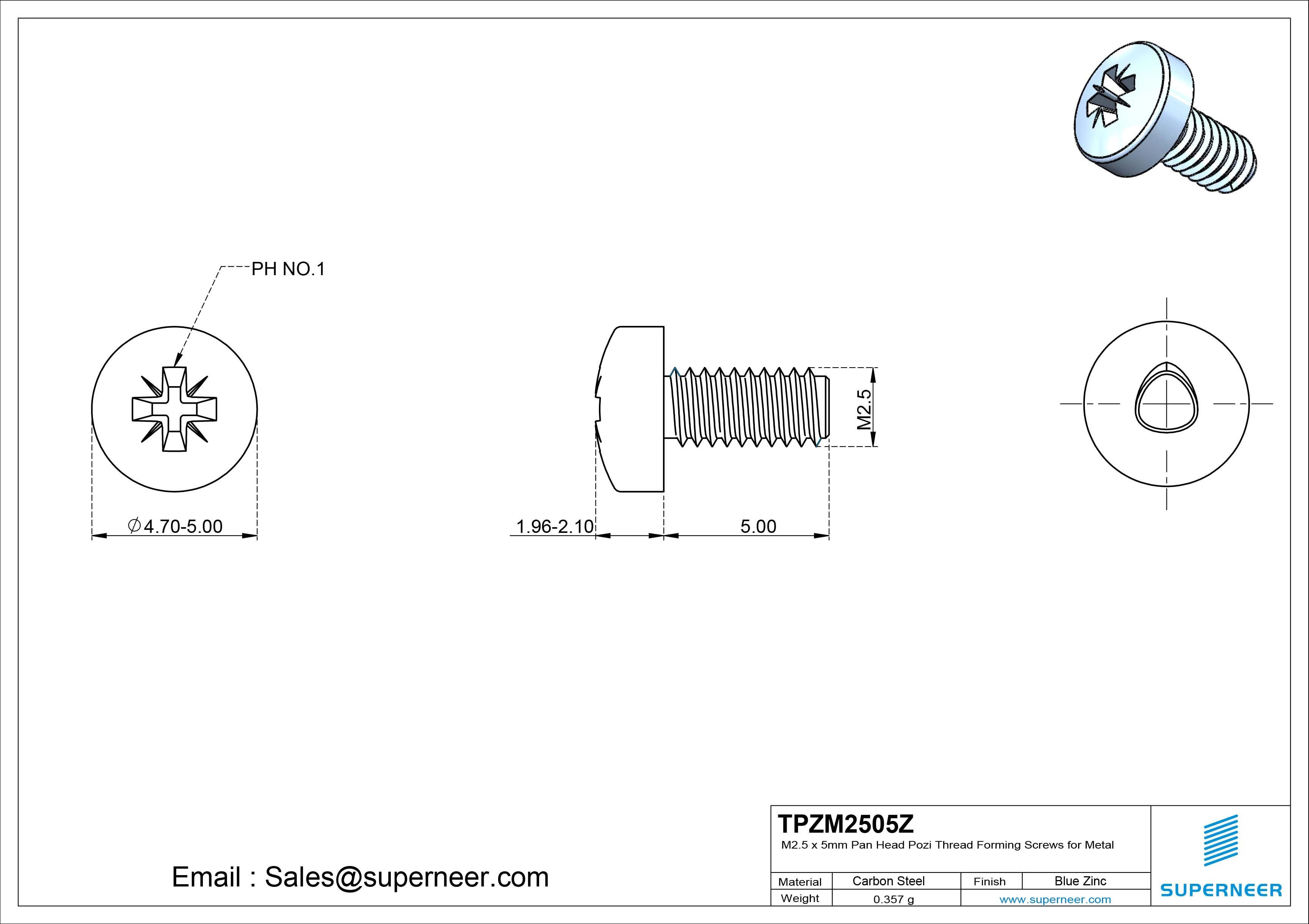 M2.5 × 5mm Pan Head Pozi Thread Forming Screws for Metal Steel Blue Zinc Plated