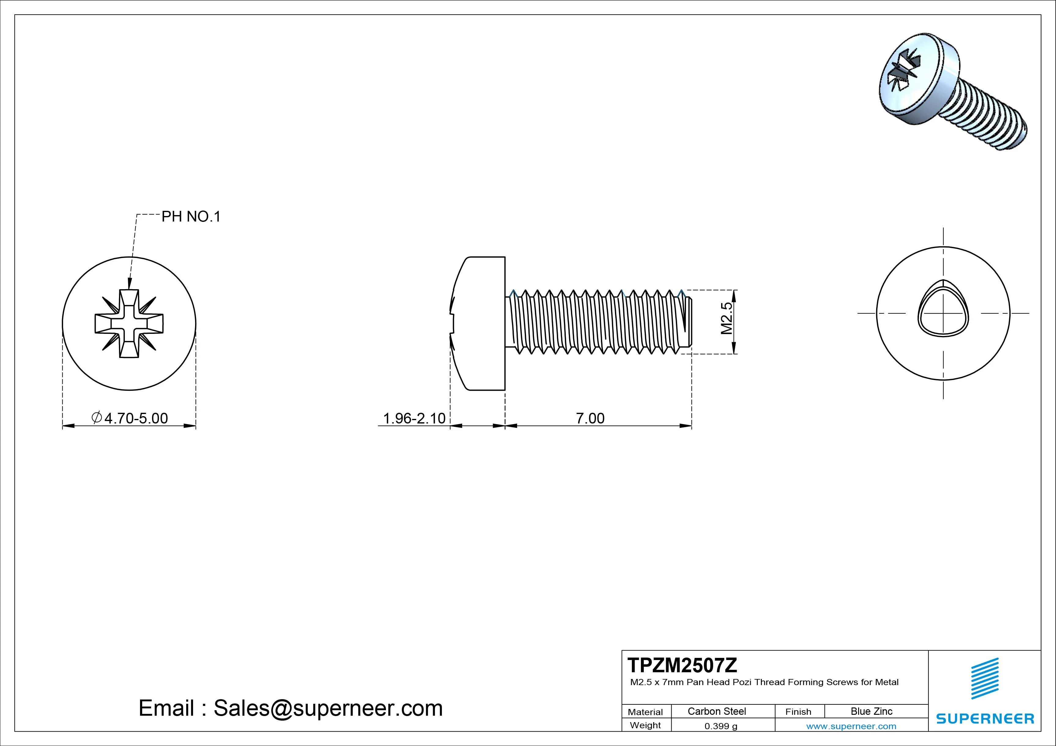 M2.5 × 7mm Pan Head Pozi Thread Forming Screws for Metal Steel Blue Zinc Plated