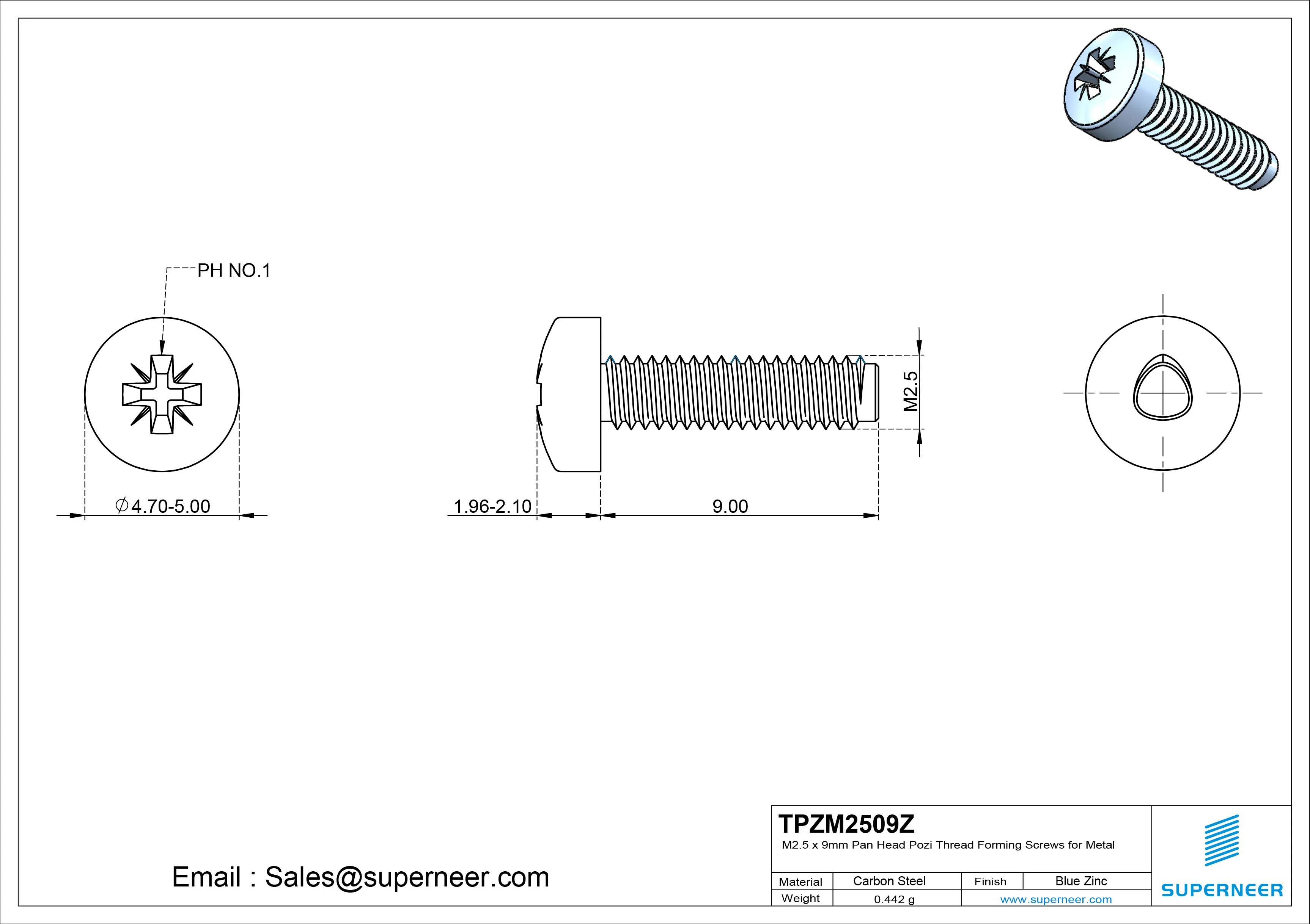 M2.5 × 9mm Pan Head Pozi Thread Forming Screws for Metal Steel Blue Zinc Plated