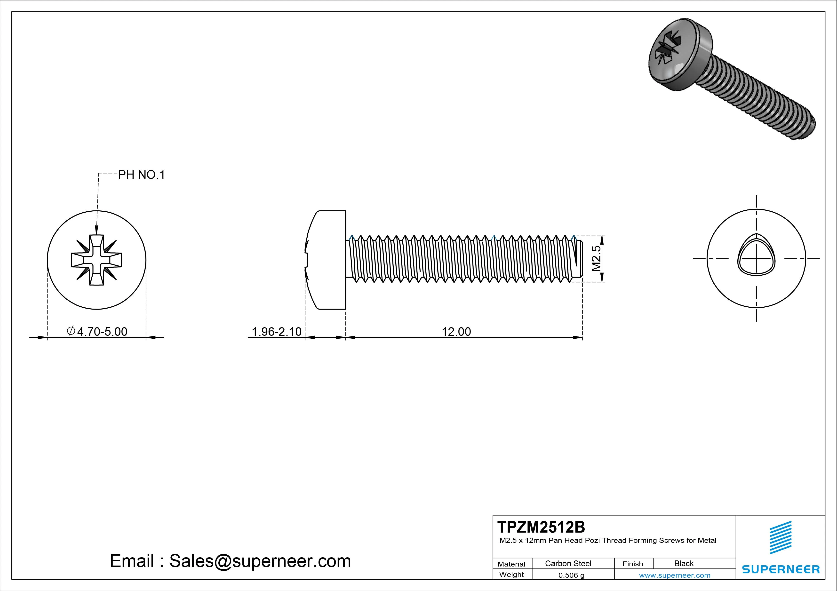 M2.5 × 12mm Pan Head Pozi Thread Forming Screws for Metal Steel Black