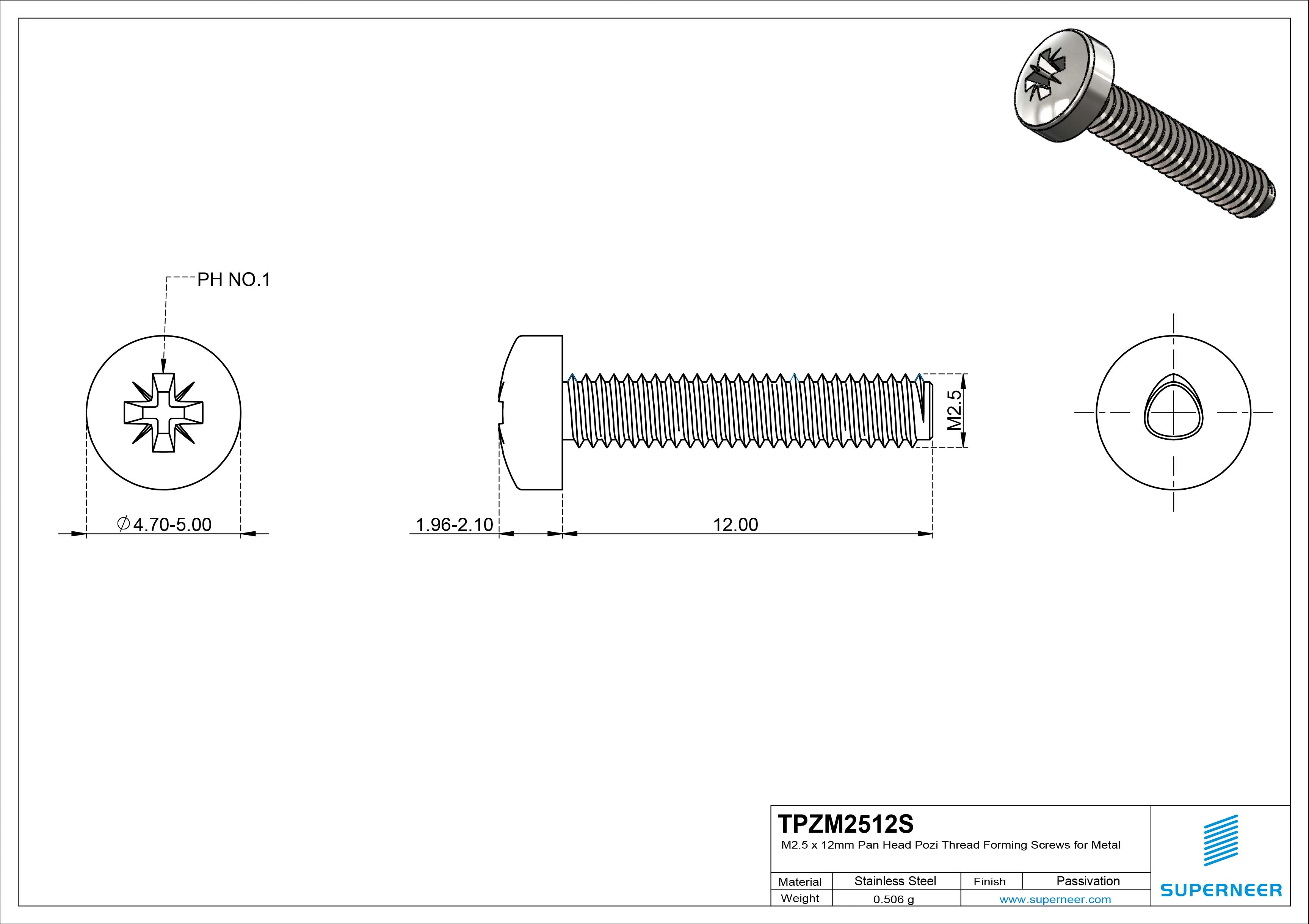 M2.5 × 12mm Pan Head Pozi Thread Forming Screws for Metal SUS304 Stainless Steel Inox