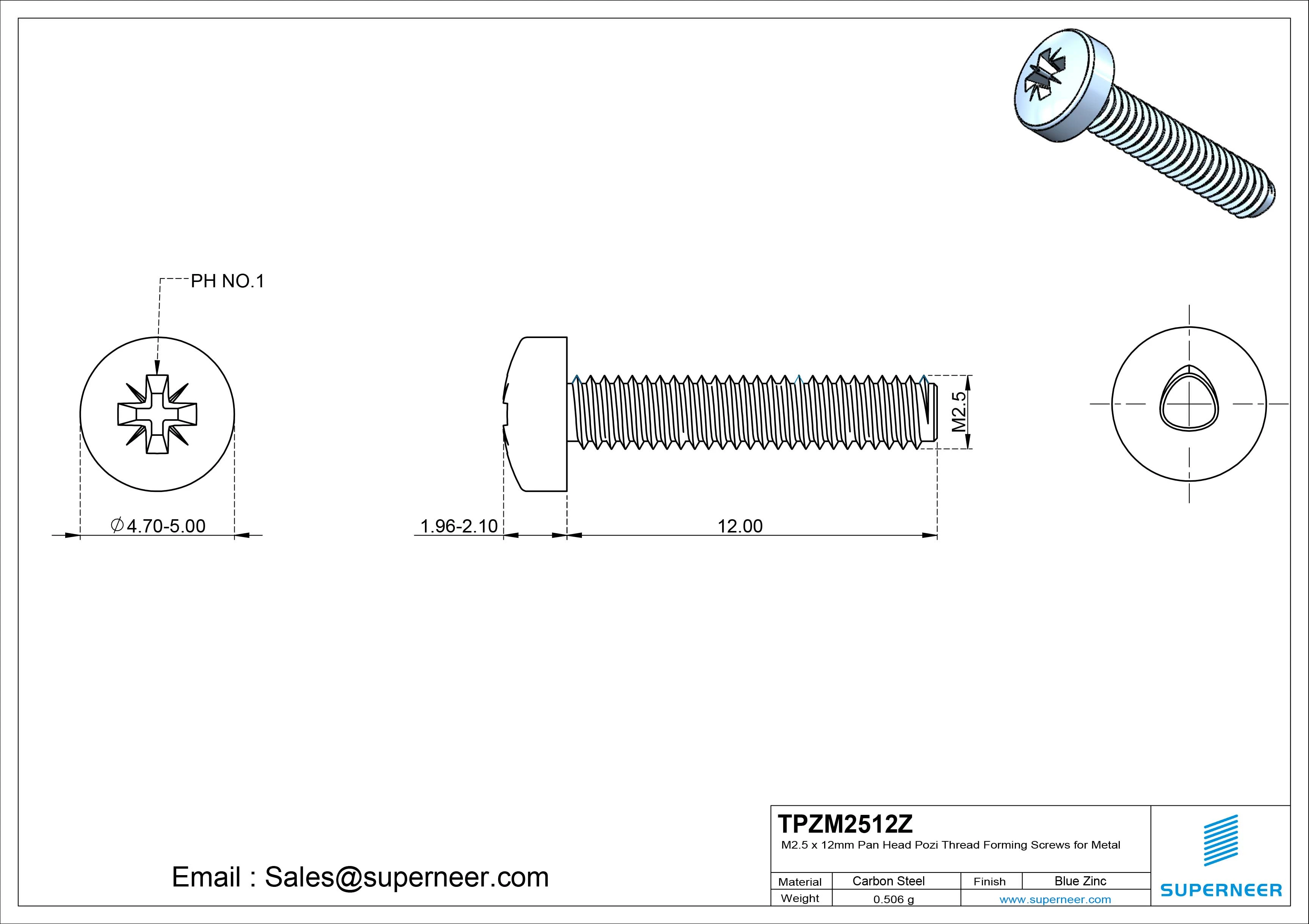 M2.5 × 12mm Pan Head Pozi Thread Forming Screws for Metal Steel Blue Zinc Plated