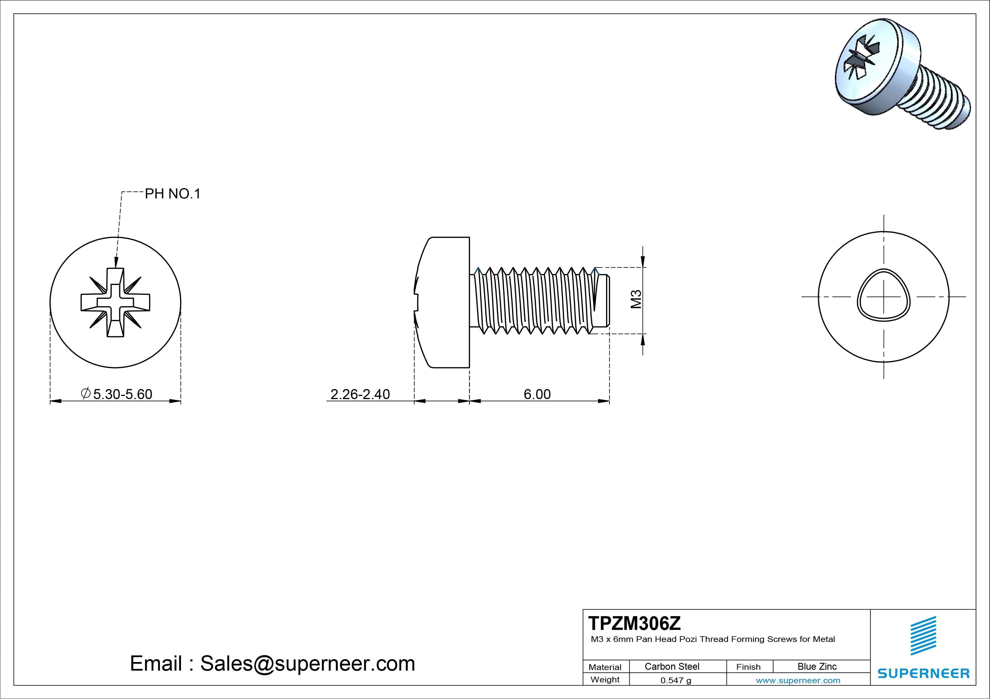 M3 × 6mm Pan Head Pozi Thread Forming Screws for Metal Steel Blue Zinc Plated