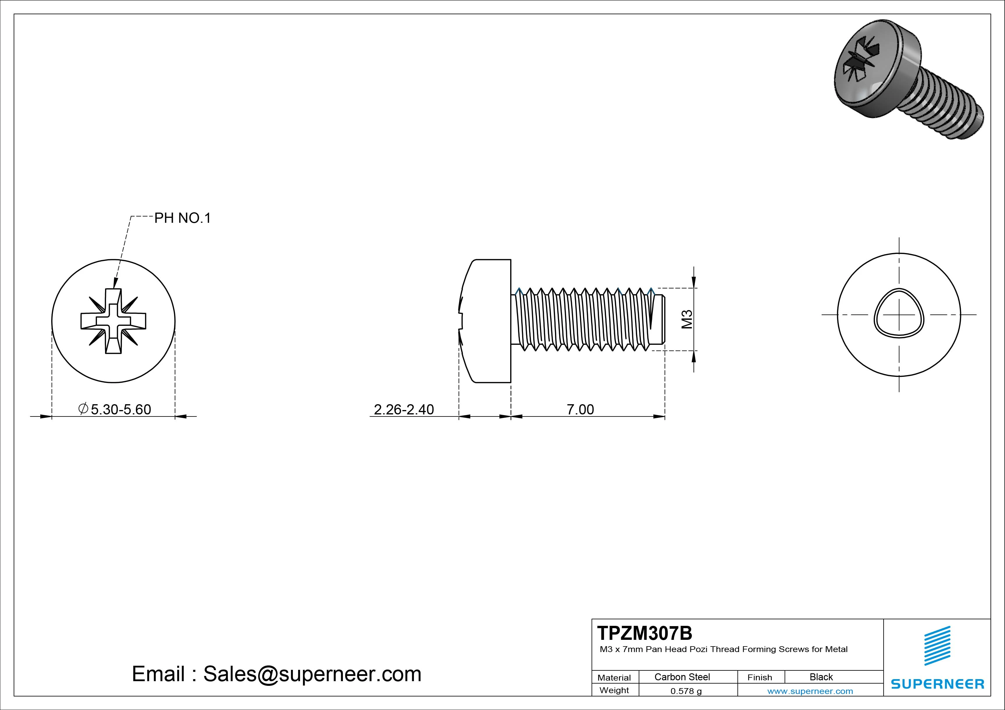 M3 × 7mm Pan Head Pozi Thread Forming Screws for Metal Steel Black