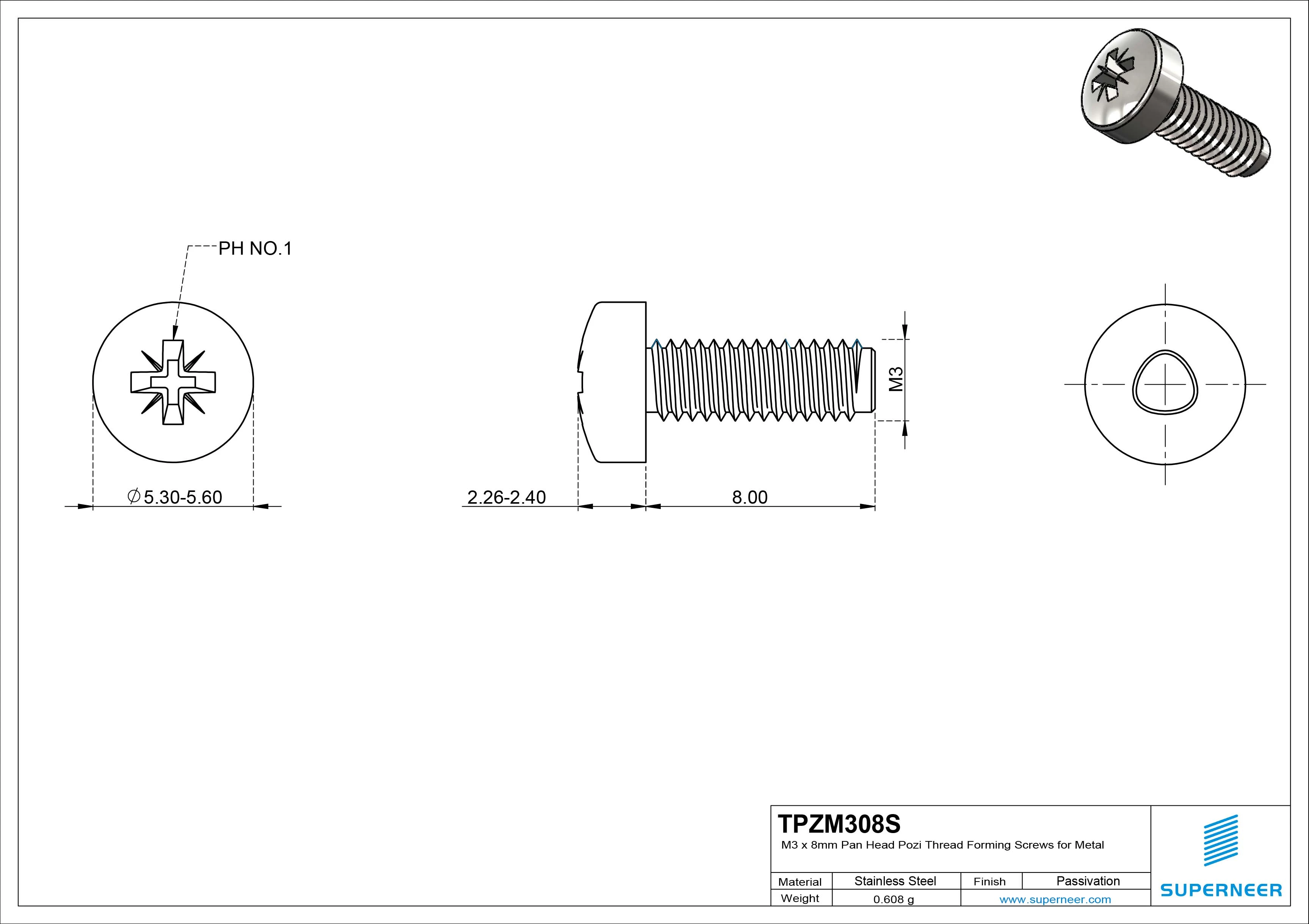 M3 × 8mm Pan Head Pozi Thread Forming Screws for Metal SUS304 Stainless Steel Inox