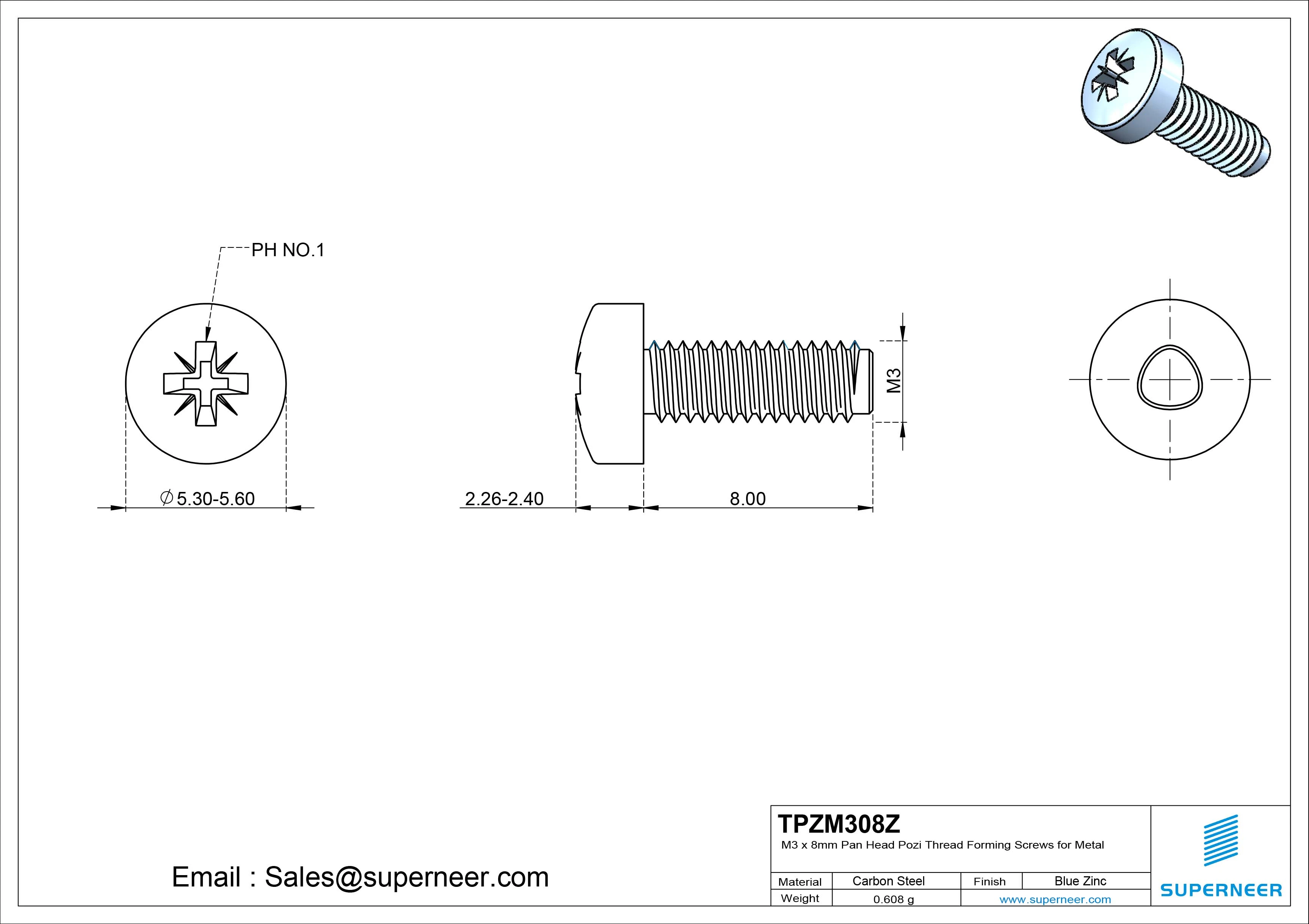 M3 × 8mm Pan Head Pozi Thread Forming Screws for Metal Steel Blue Zinc Plated