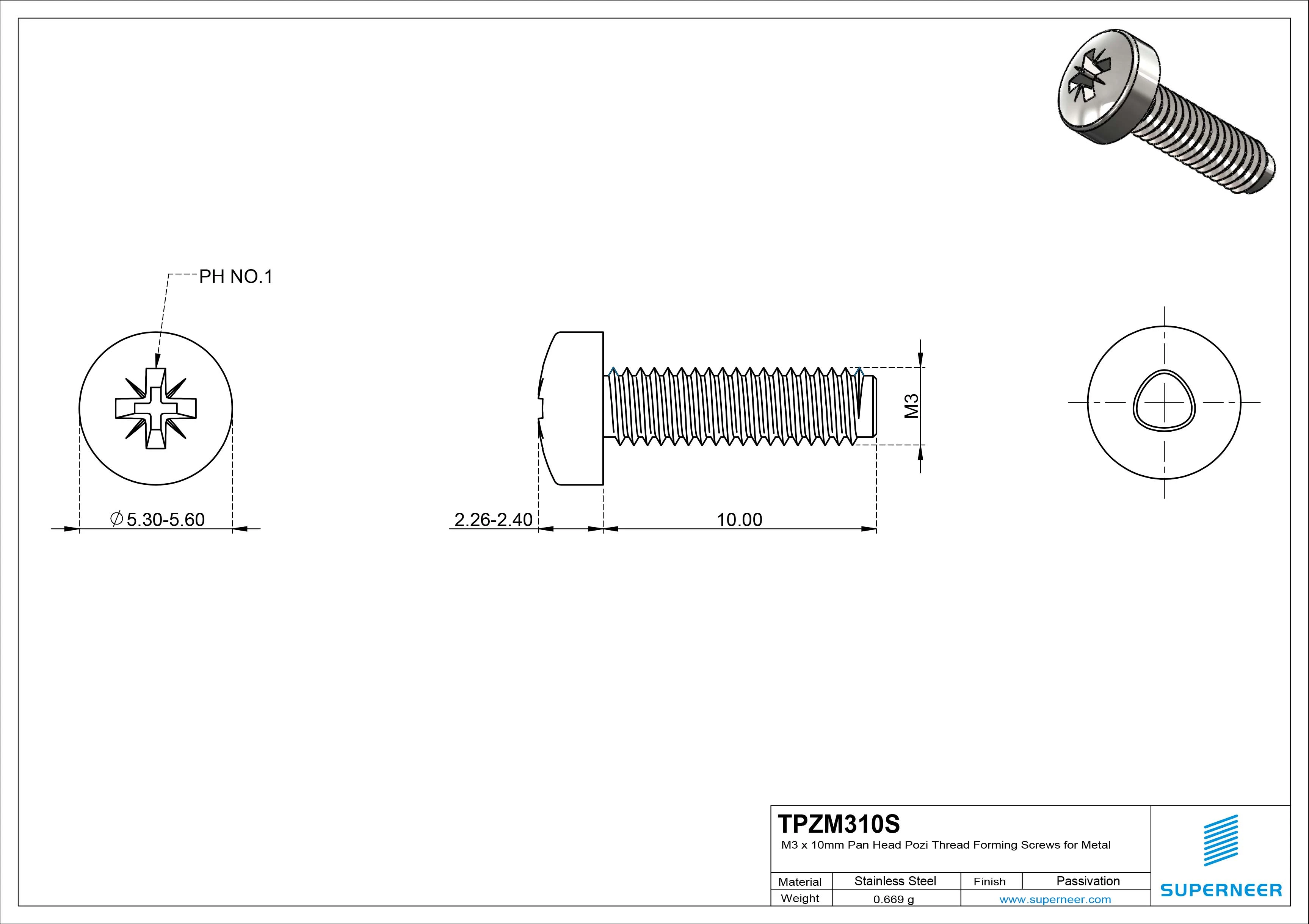 M3 × 10mm Pan Head Pozi Thread Forming Screws for Metal SUS304 Stainless Steel Inox