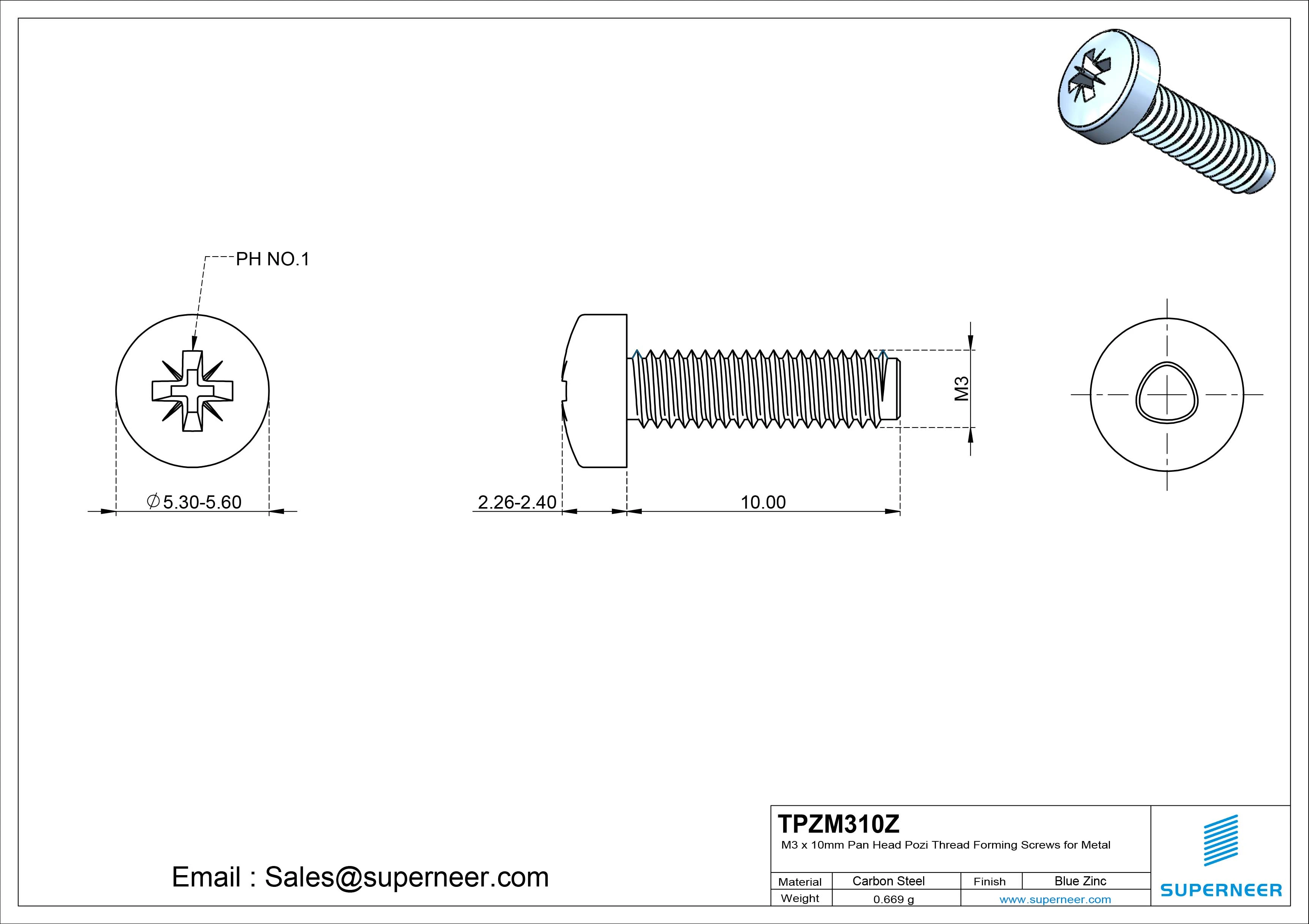 M3 × 10mm Pan Head Pozi Thread Forming Screws for Metal Steel Blue Zinc Plated