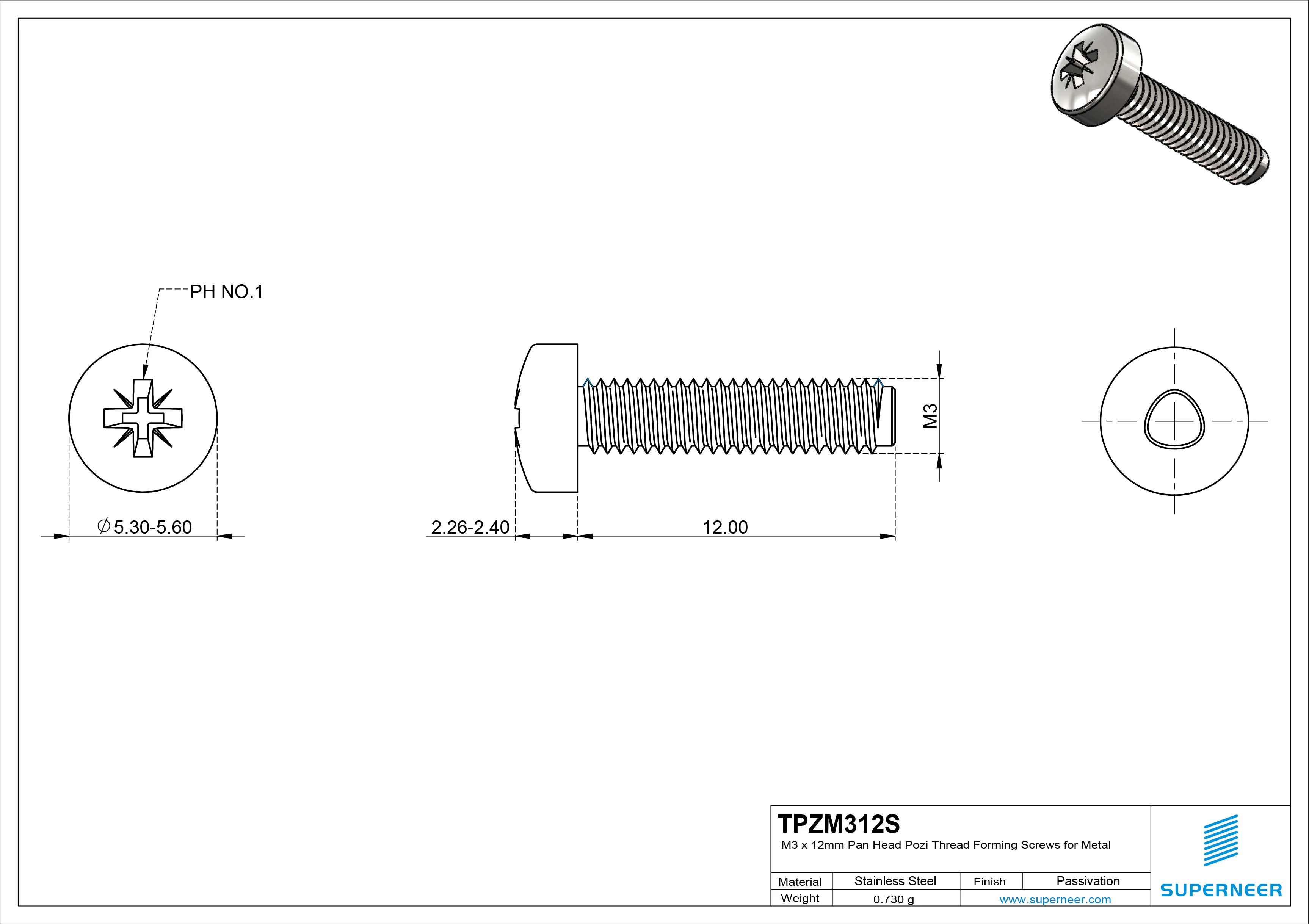 M3 × 12mm Pan Head Pozi Thread Forming Screws for Metal SUS304 Stainless Steel Inox
