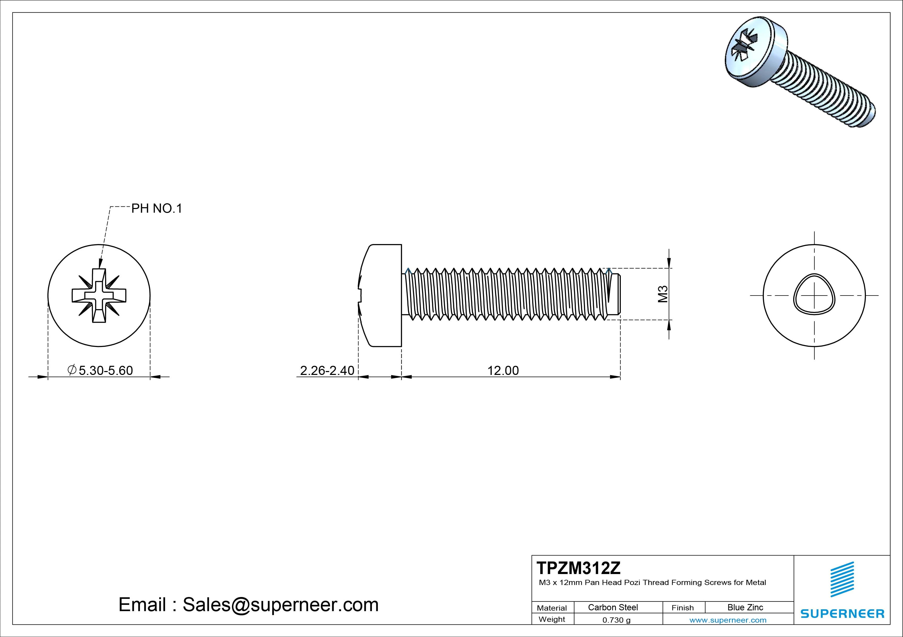 M3 × 12mm Pan Head Pozi Thread Forming Screws for Metal Steel Blue Zinc Plated