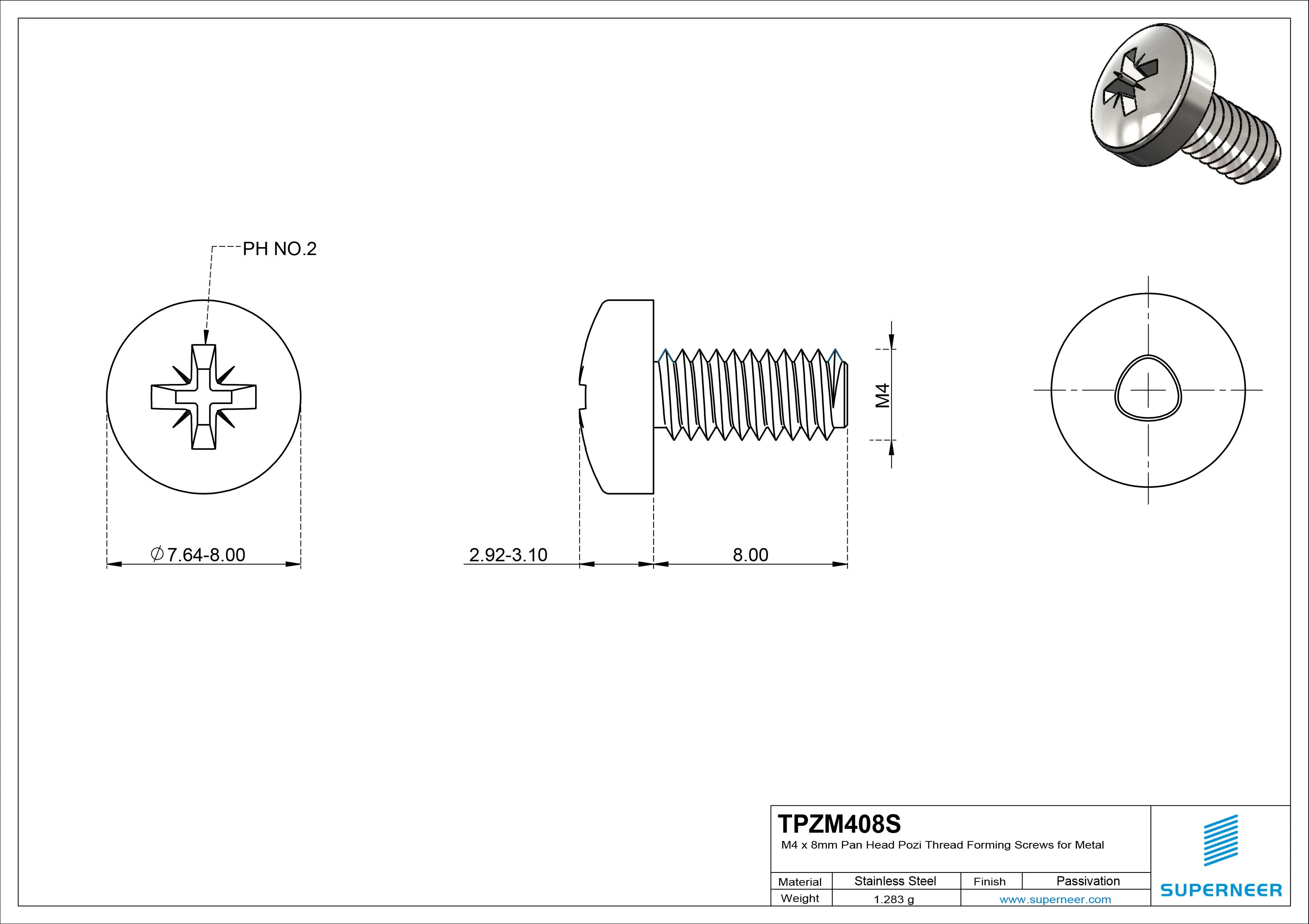 M4 × 8mm Pan Head Pozi Thread Forming Screws for Metal SUS304 Stainless Steel Inox