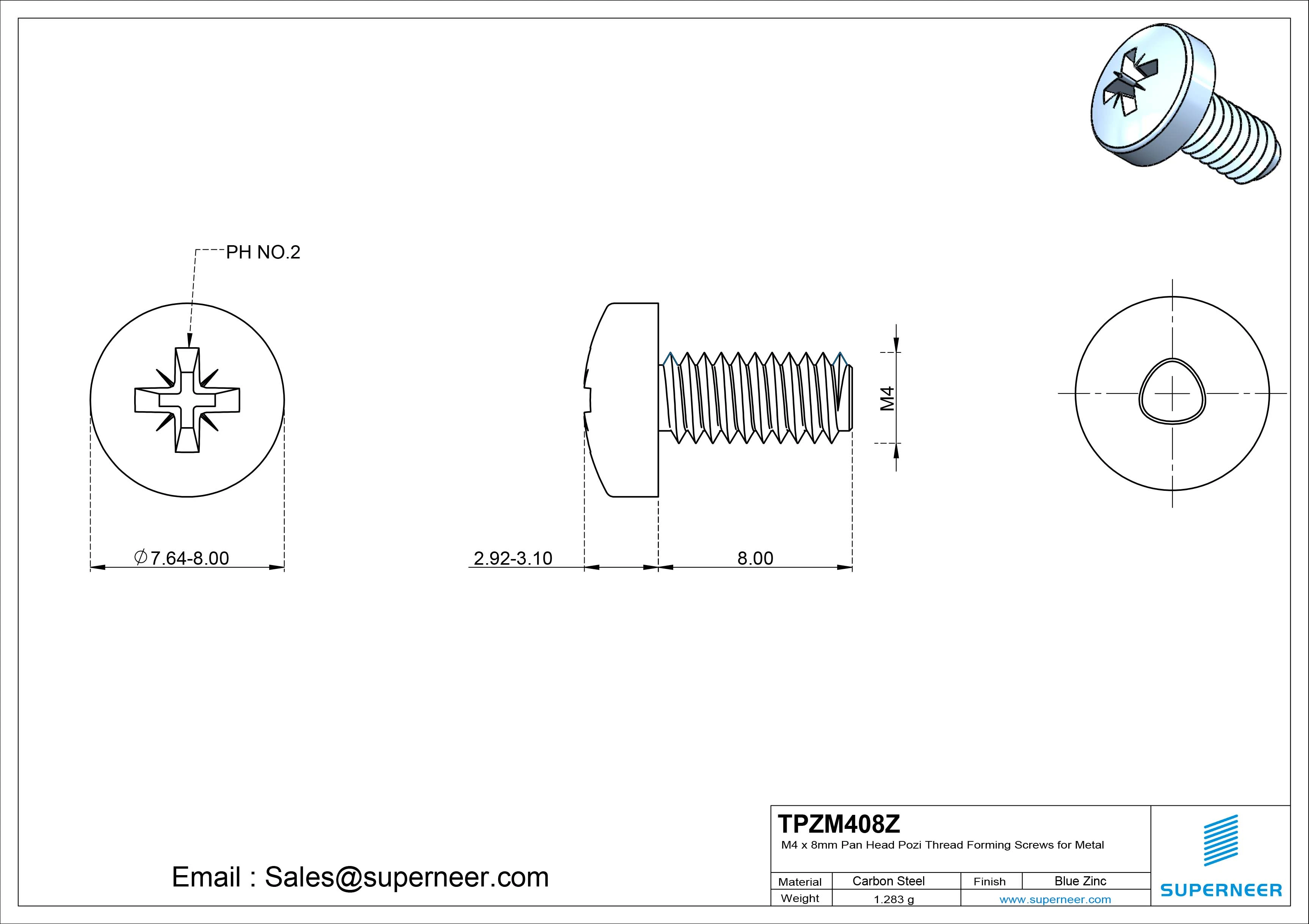 M4 × 8mm Pan Head Pozi Thread Forming Screws for Metal Steel Blue Zinc Plated