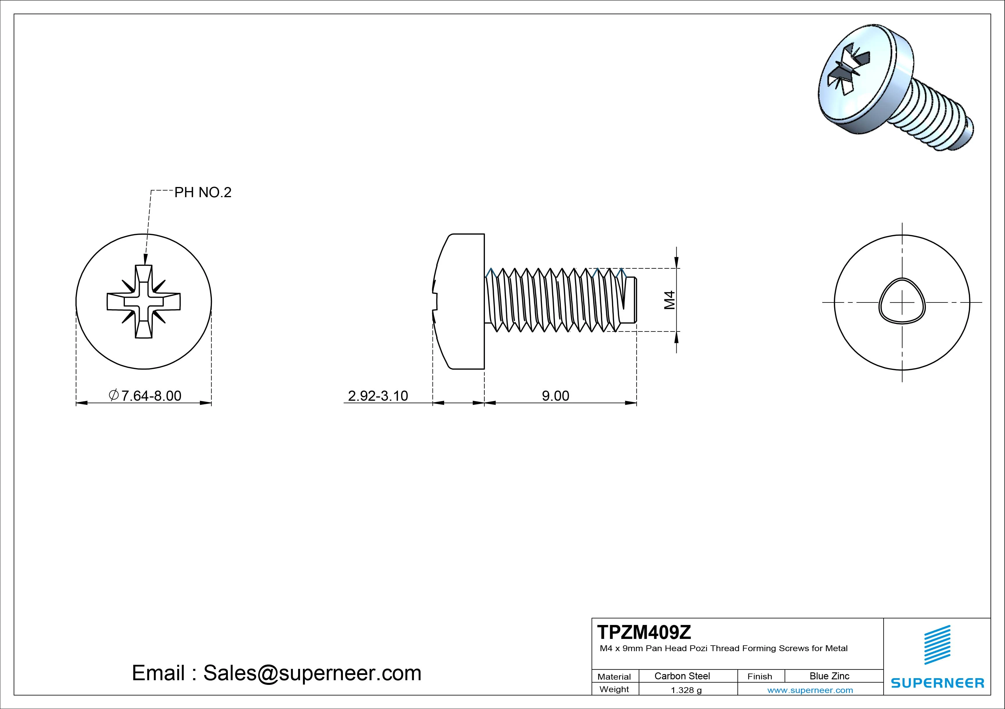 M4 × 9mm Pan Head Pozi Thread Forming Screws for Metal Steel Blue Zinc Plated