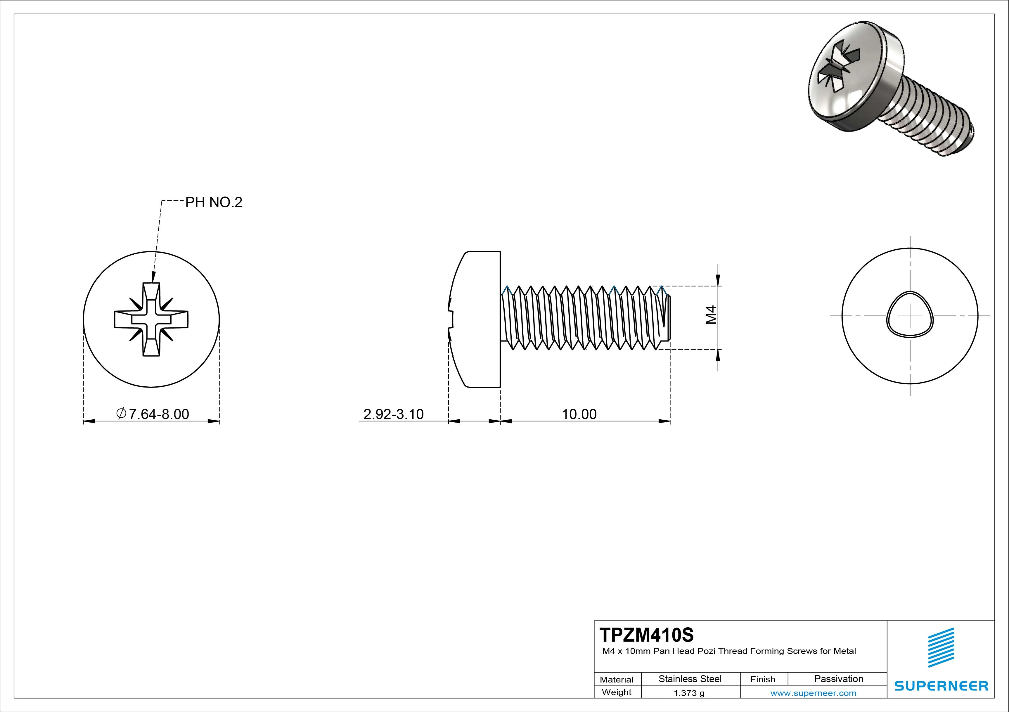 M4 × 10mm Pan Head Pozi Thread Forming Screws for Metal SUS304 Stainless Steel Inox