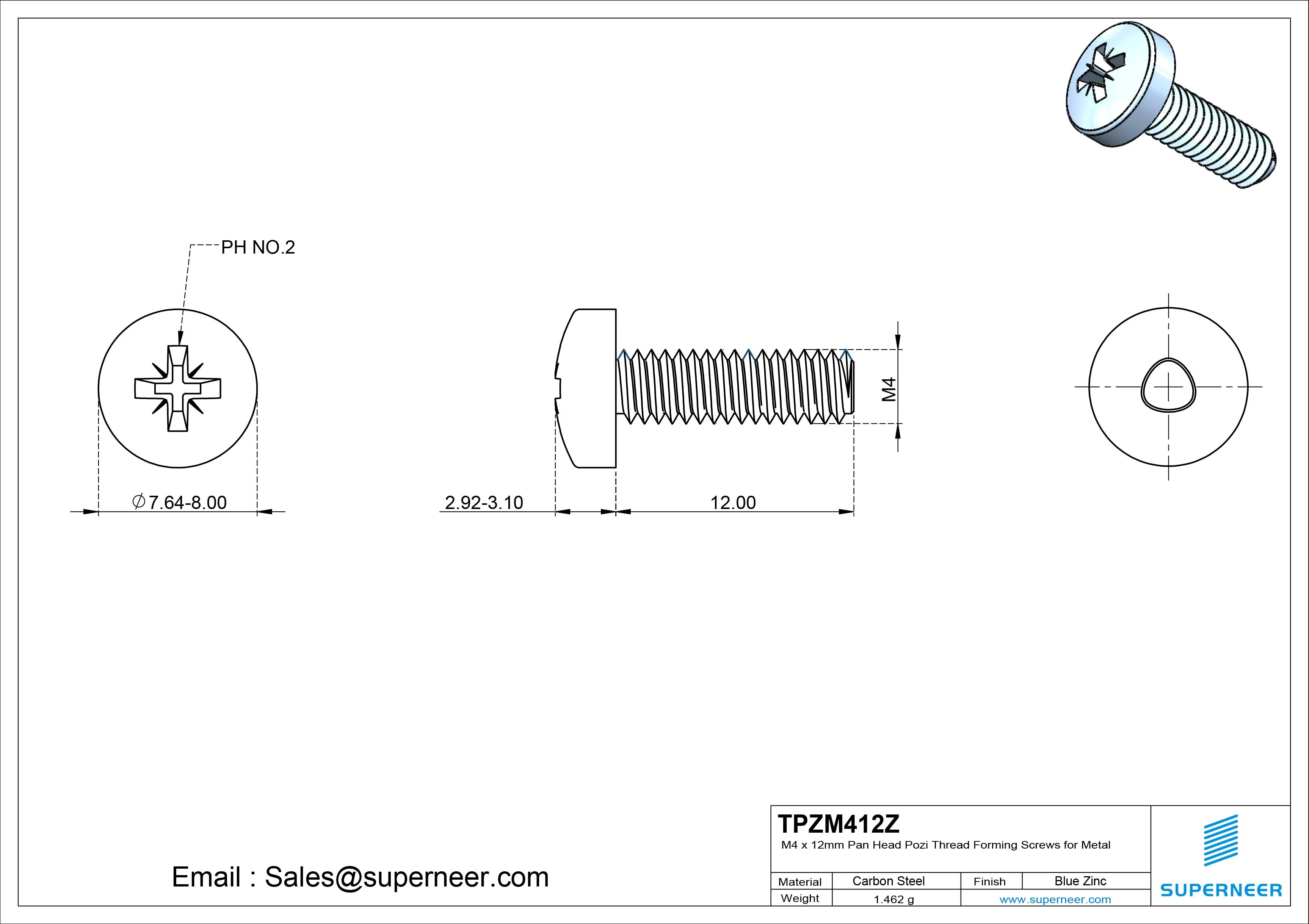 M4 × 12mm Pan Head Pozi Thread Forming Screws for Metal Steel Blue Zinc Plated