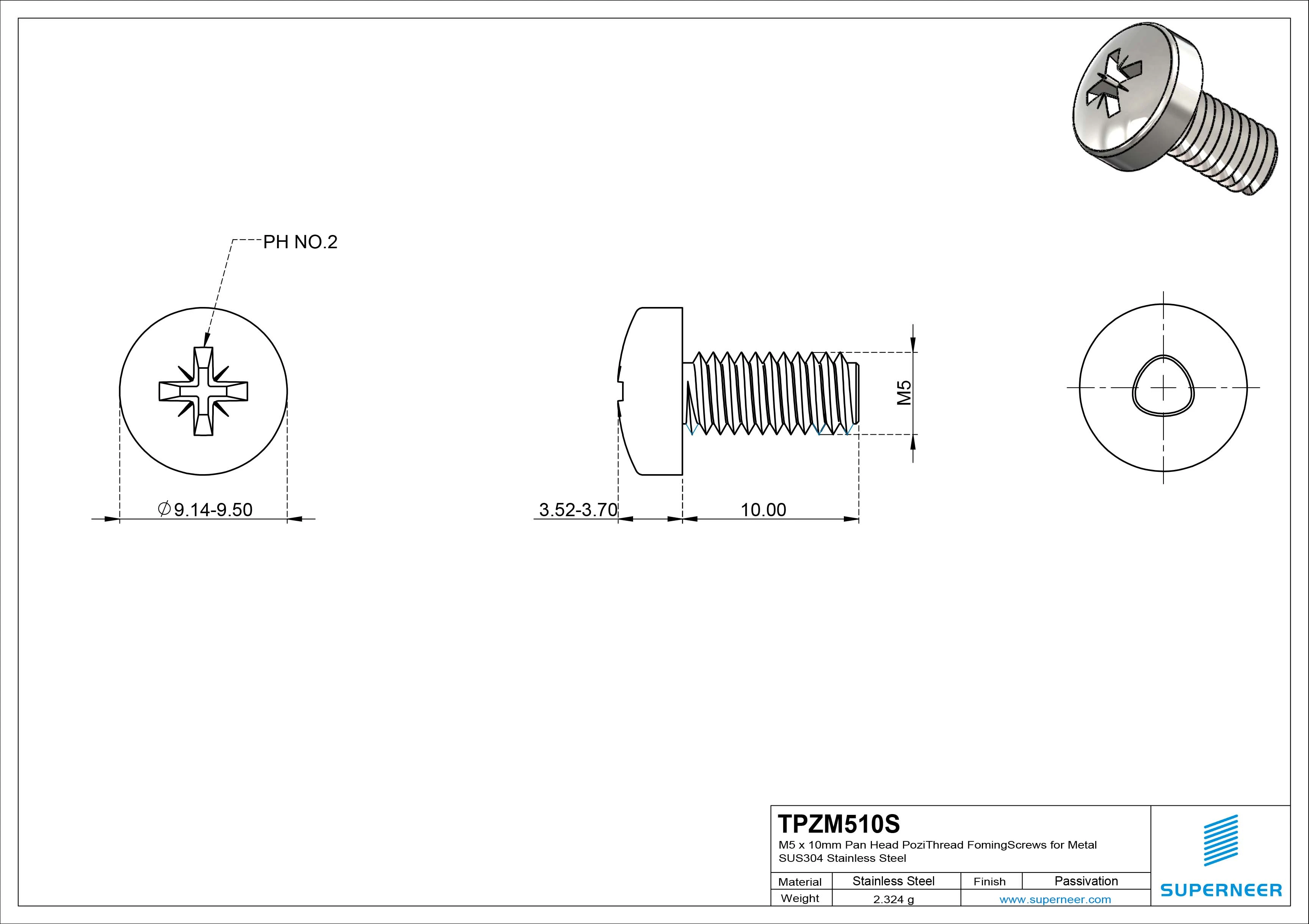 M5 × 10mm Pan Head Pozi Thread Forming Screws for Metal SUS304 Stainless Steel Inox