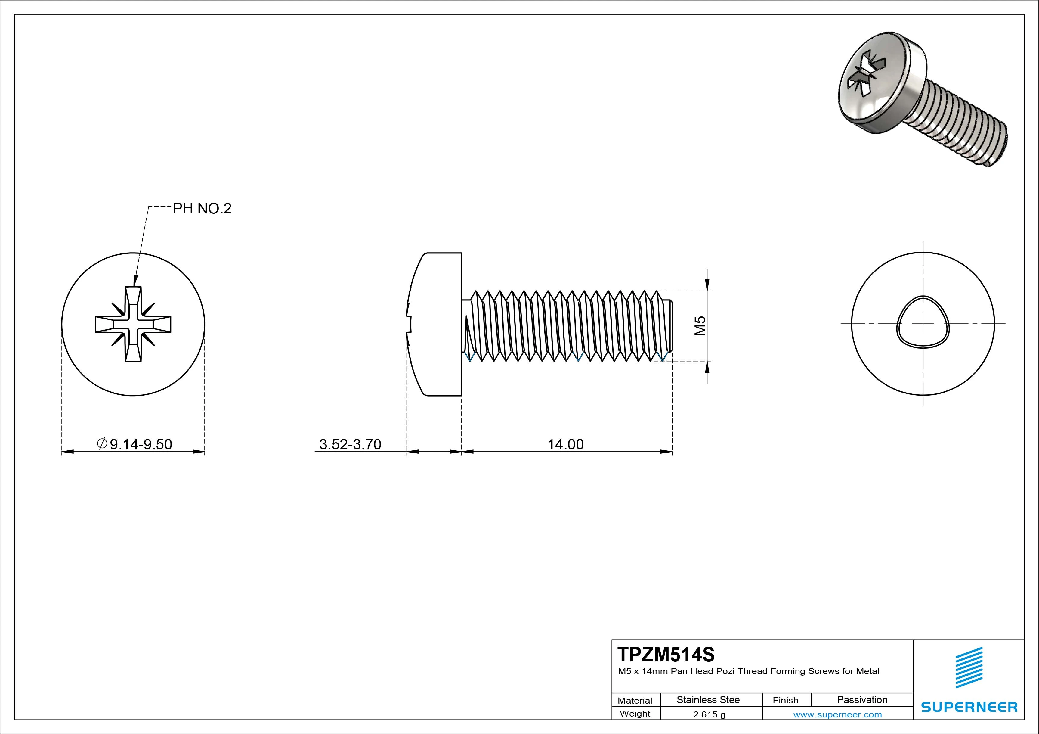 M5 × 14mm Pan Head Pozi Thread Forming Screws for Metal SUS304 Stainless Steel Inox