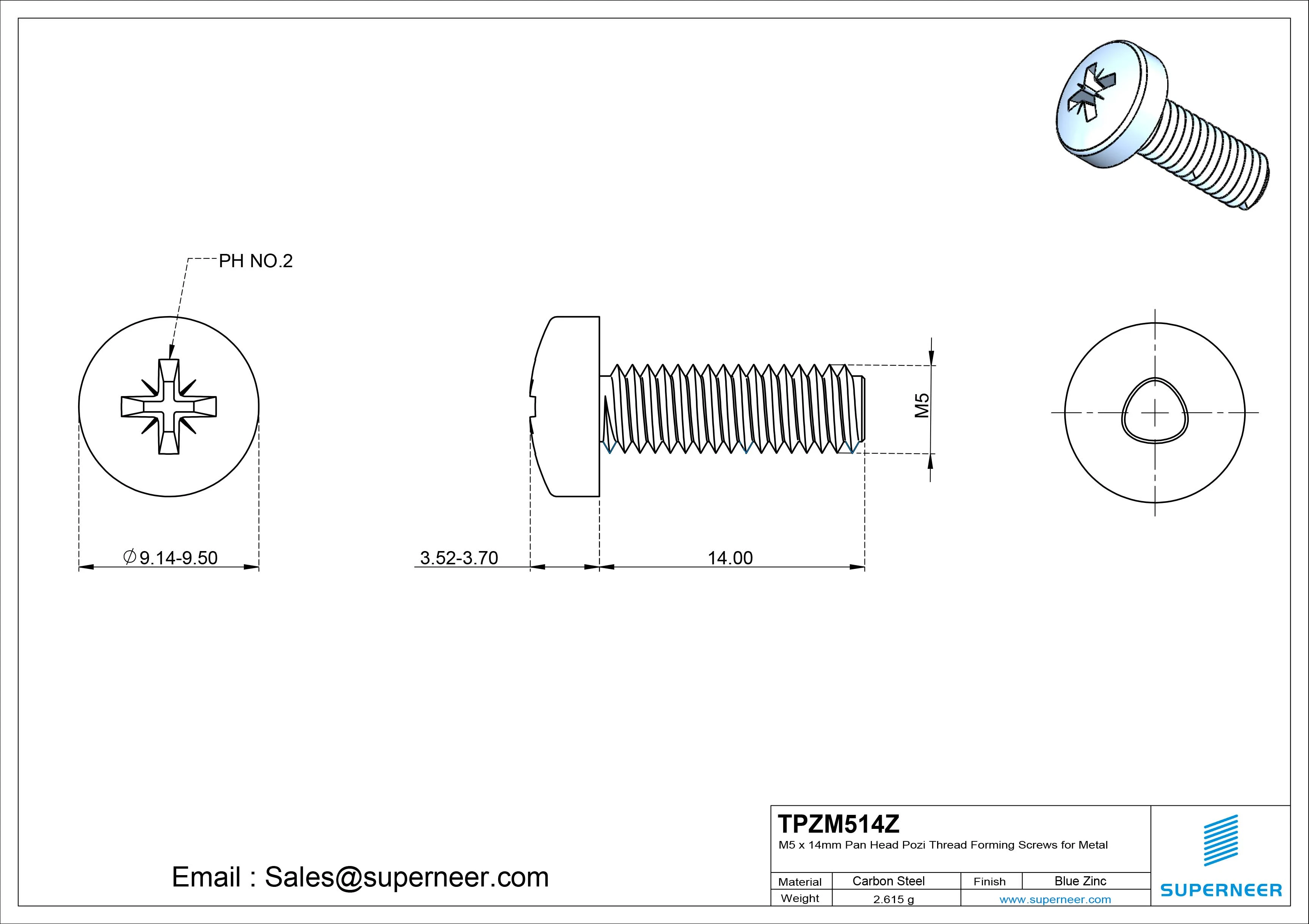 M5 × 14mm Pan Head Pozi Thread Forming Screws for Metal Steel Blue Zinc Plated