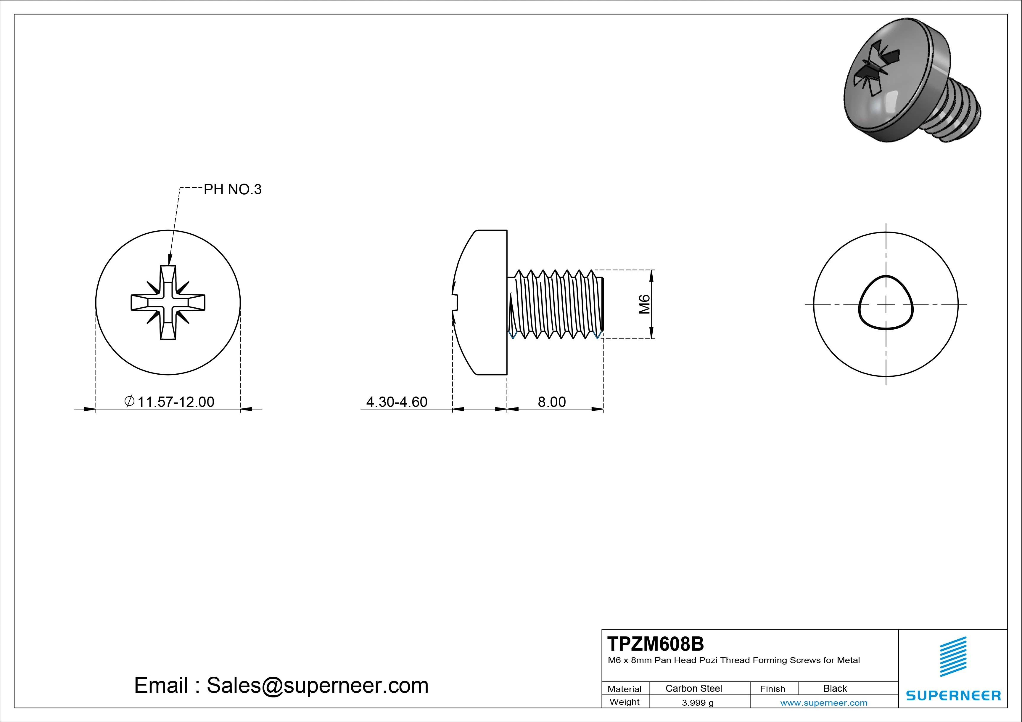 M6 × 8mm Pan Head Pozi Thread Forming Screws for Metal Steel Black