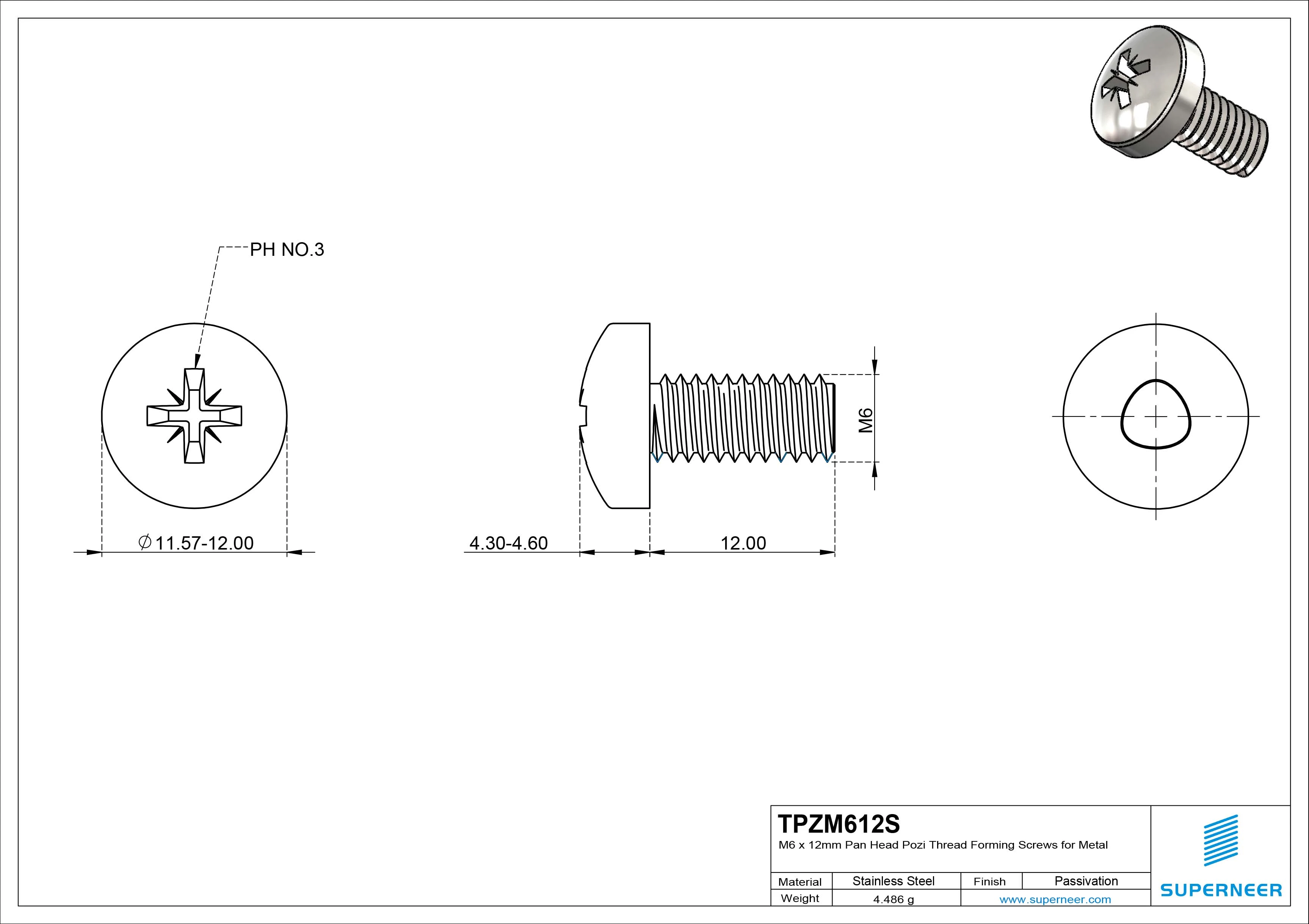 M6 × 12mm Pan Head Pozi Thread Forming Screws for Metal SUS304 Stainless Steel Inox