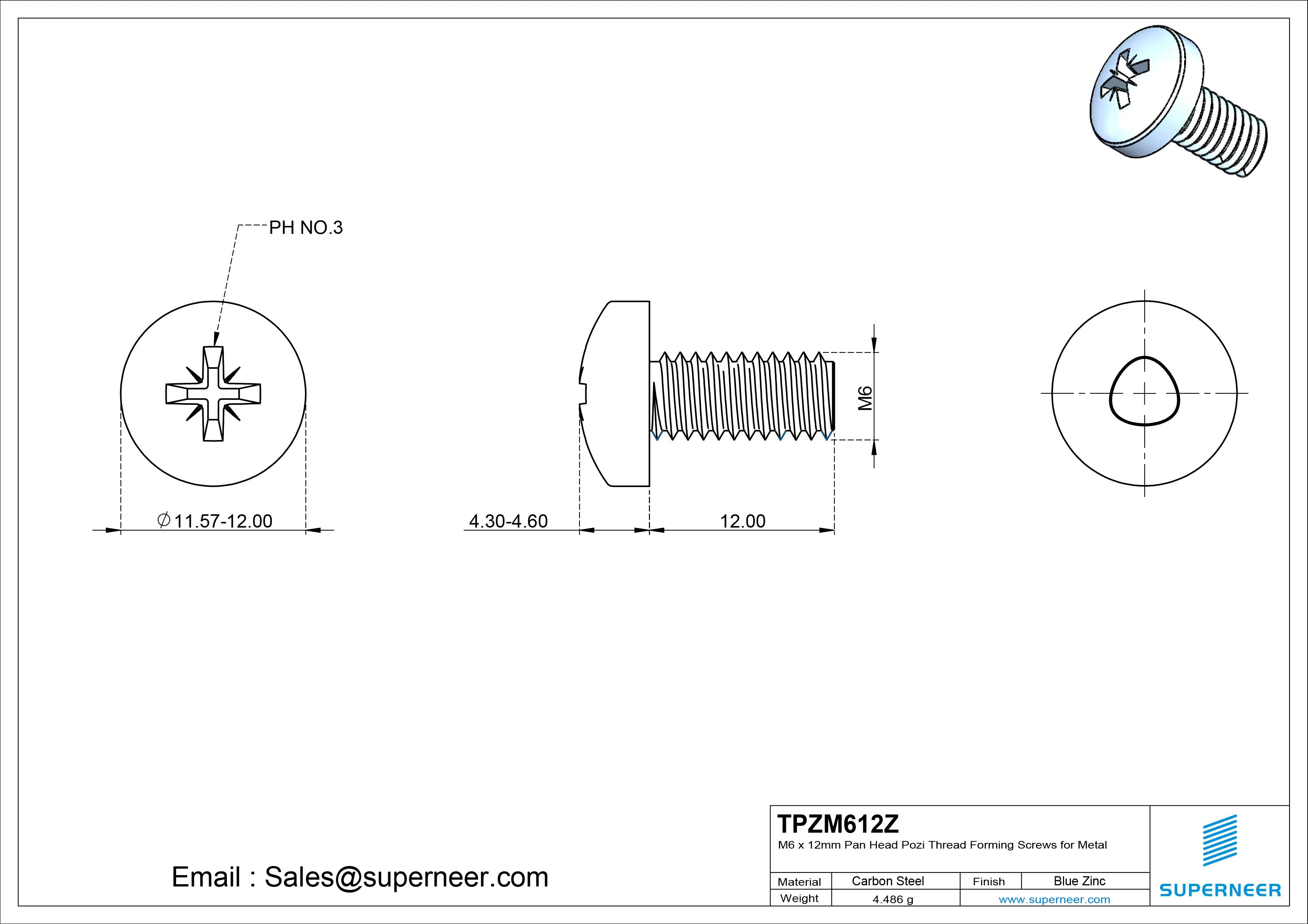 M6 × 12mm Pan Head Pozi Thread Forming Screws for Metal Steel Blue Zinc Plated