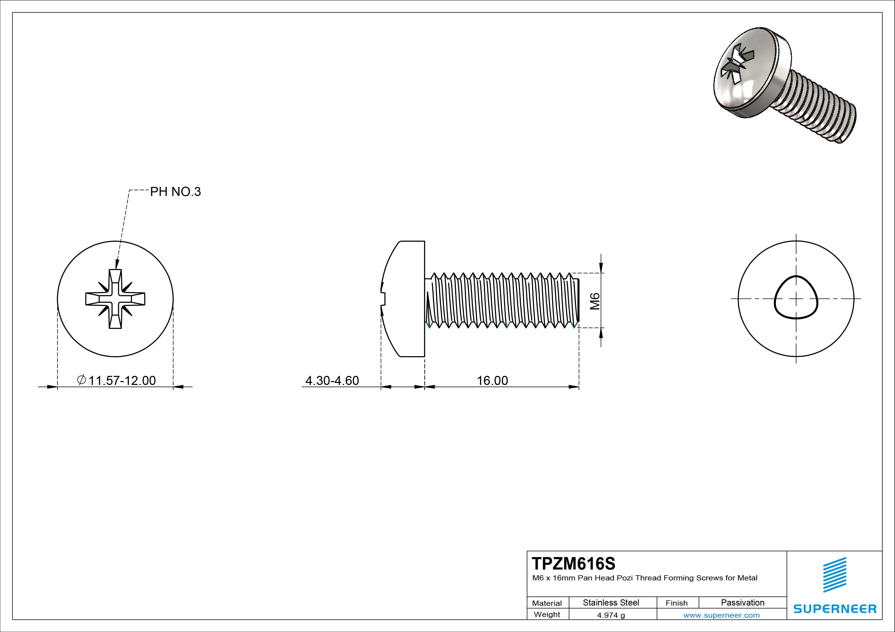 M6 × 16mm Pan Head Pozi Thread Forming Screws for Metal SUS304 Stainless Steel Inox
