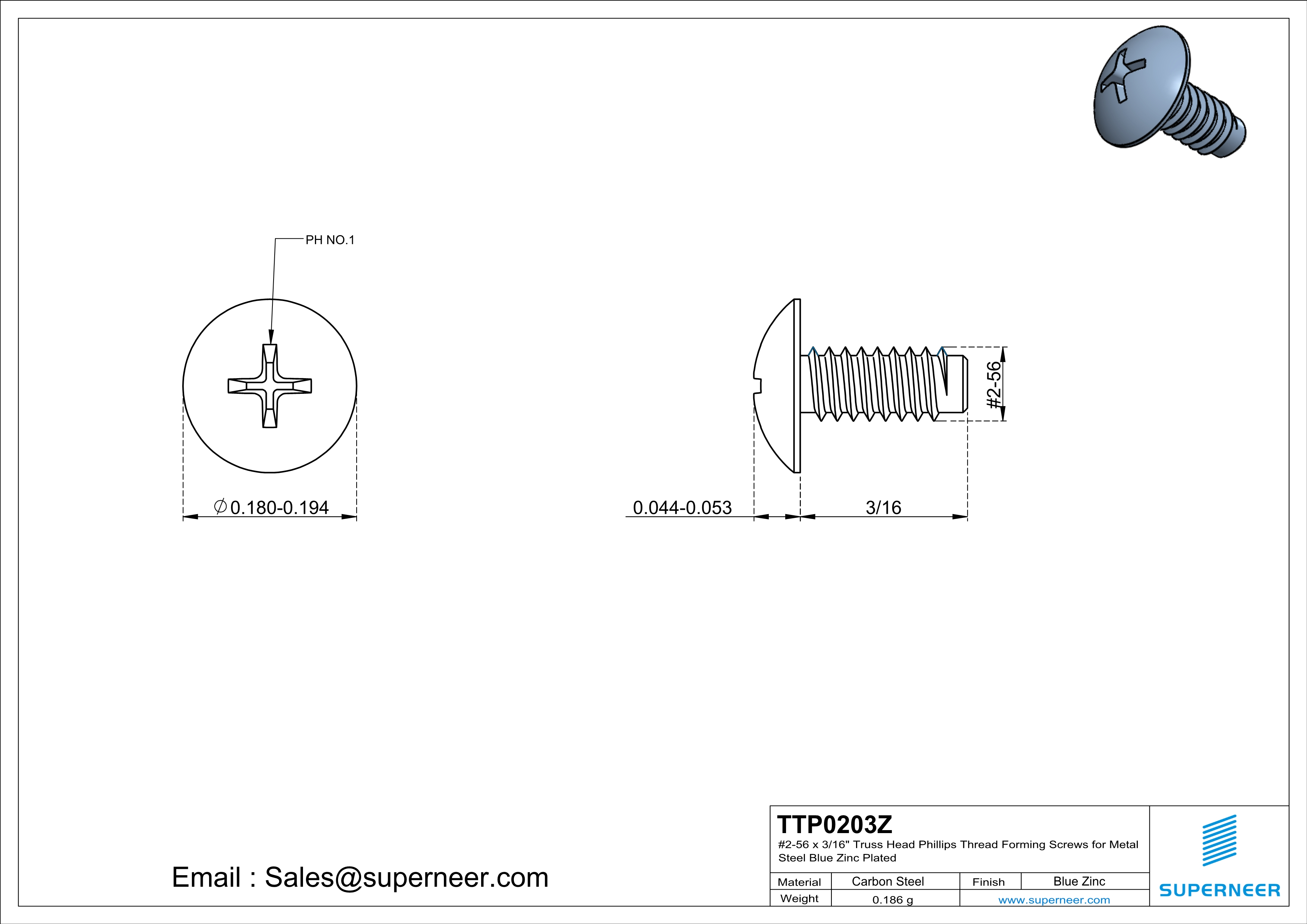 2-56 × 3/16 Truss Head Phillips Thread Forming  Screws for Metal  Steel Blue Zinc Plated