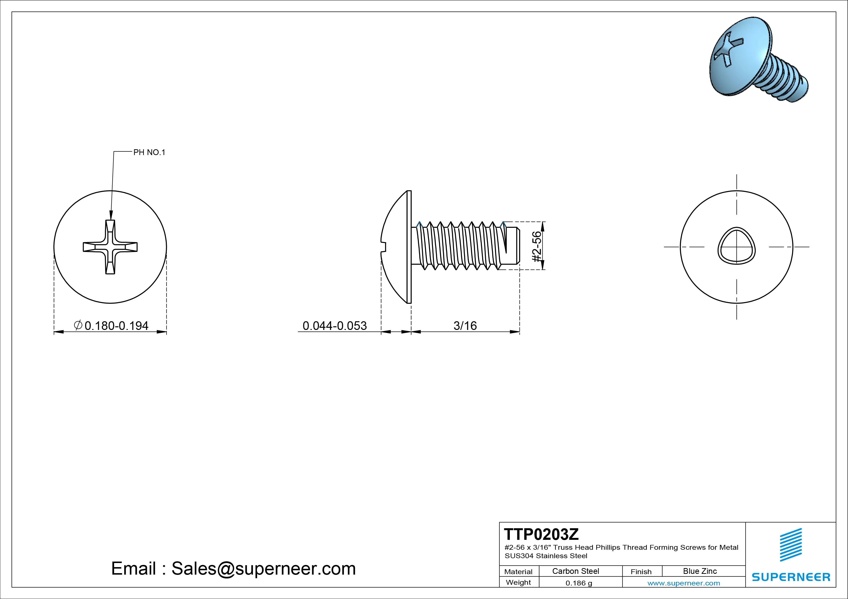 2-56 × 3/16 Truss Head Phillips Thread Forming  Screws for Metal  Steel Blue Zinc Plated