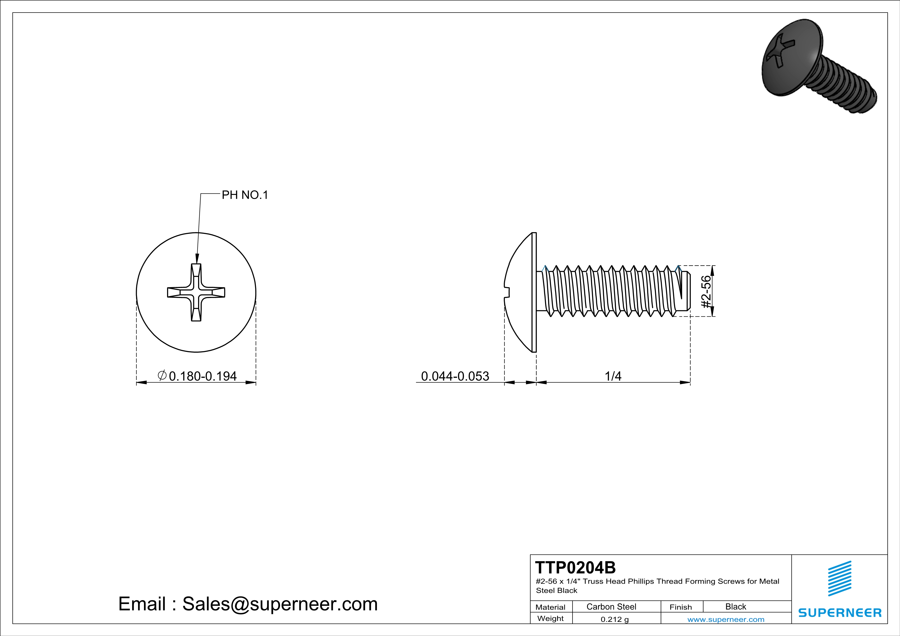 2-56 × 1/4 Truss Head Phillips Thread Forming  Screws for Metal  Steel Black