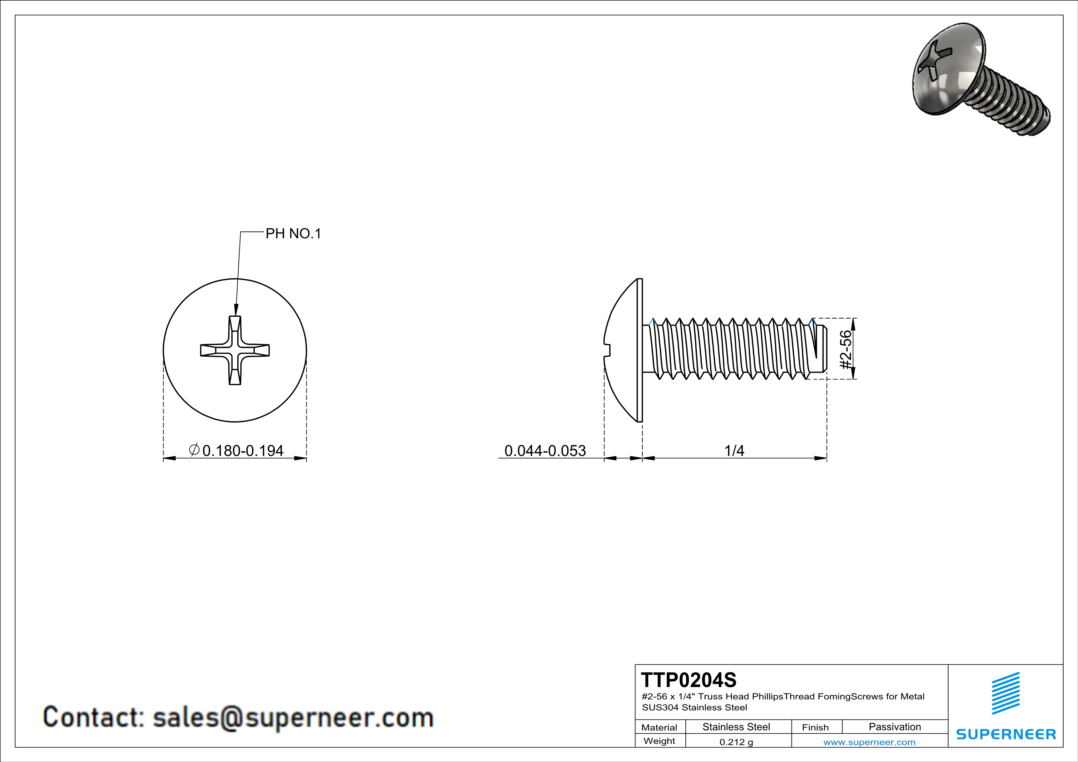 2-56 × 1/4 Truss Head Phillips Thread Forming  Screws for Metal  SUS304 Stainless Steel Inox