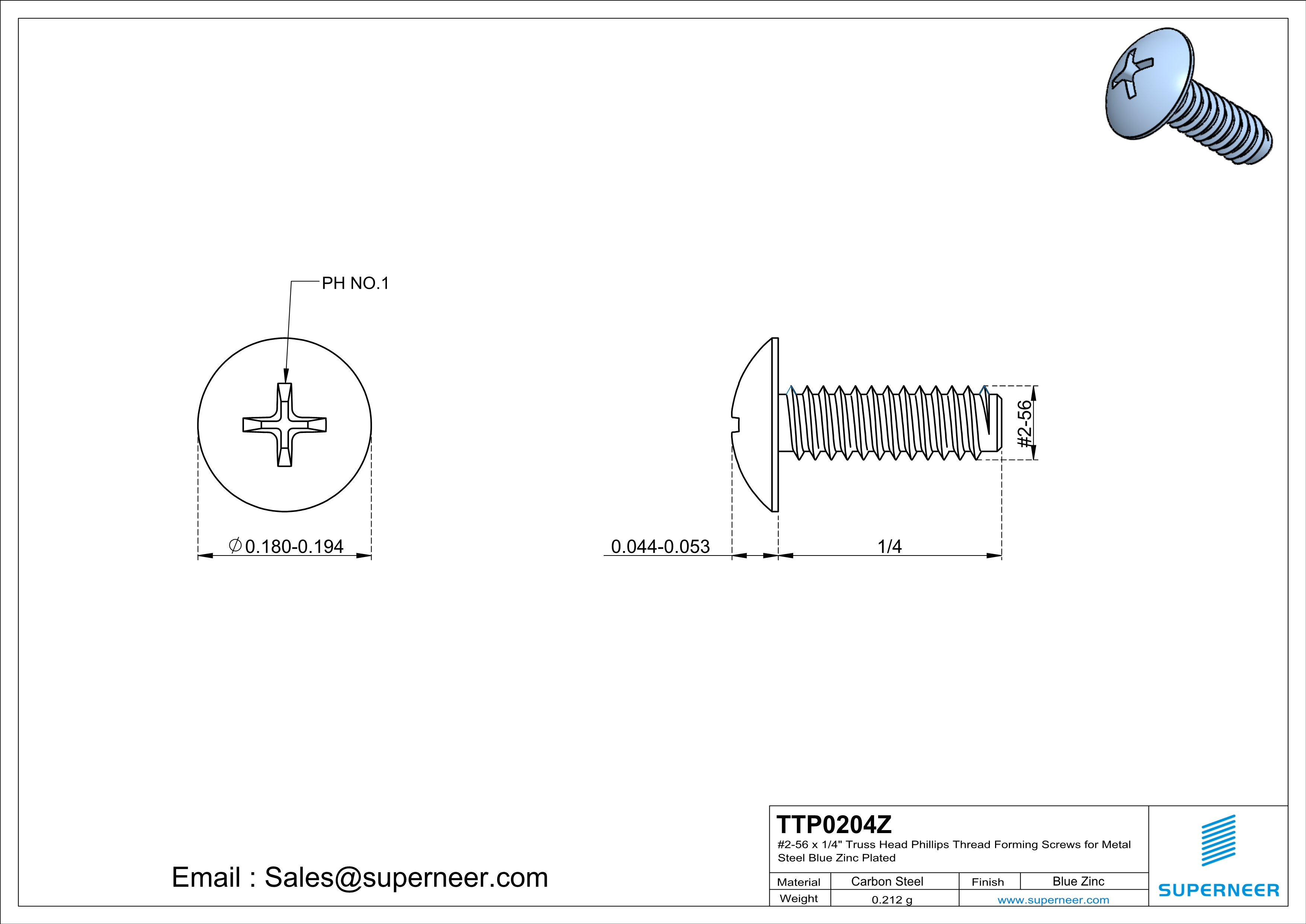 2-56 × 1/4 Truss Head Phillips Thread Forming  Screws for Metal  Steel Blue Zinc Plated