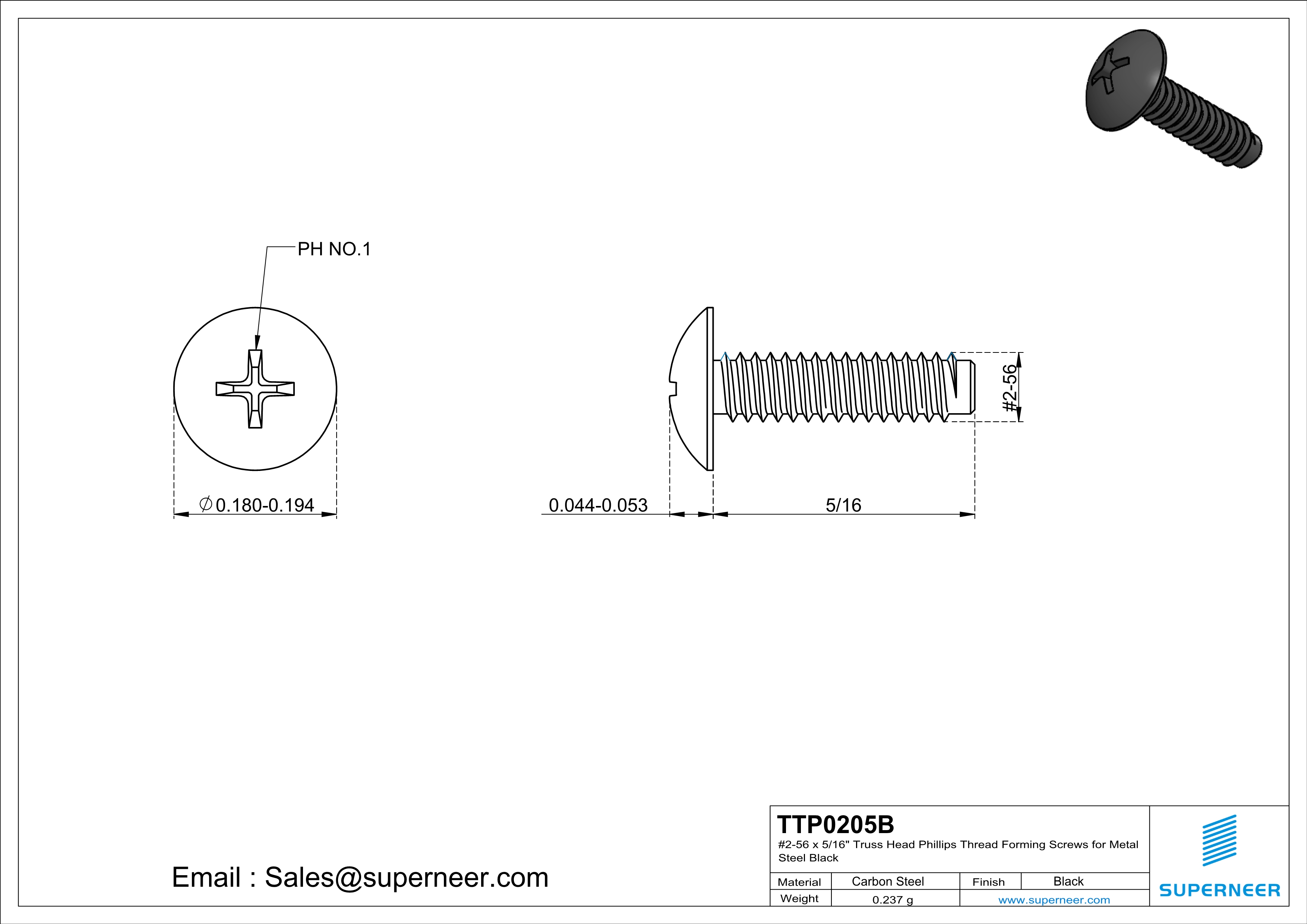 2-56 × 5/16 Truss Head Phillips Thread Forming  Screws for Metal  Steel Black