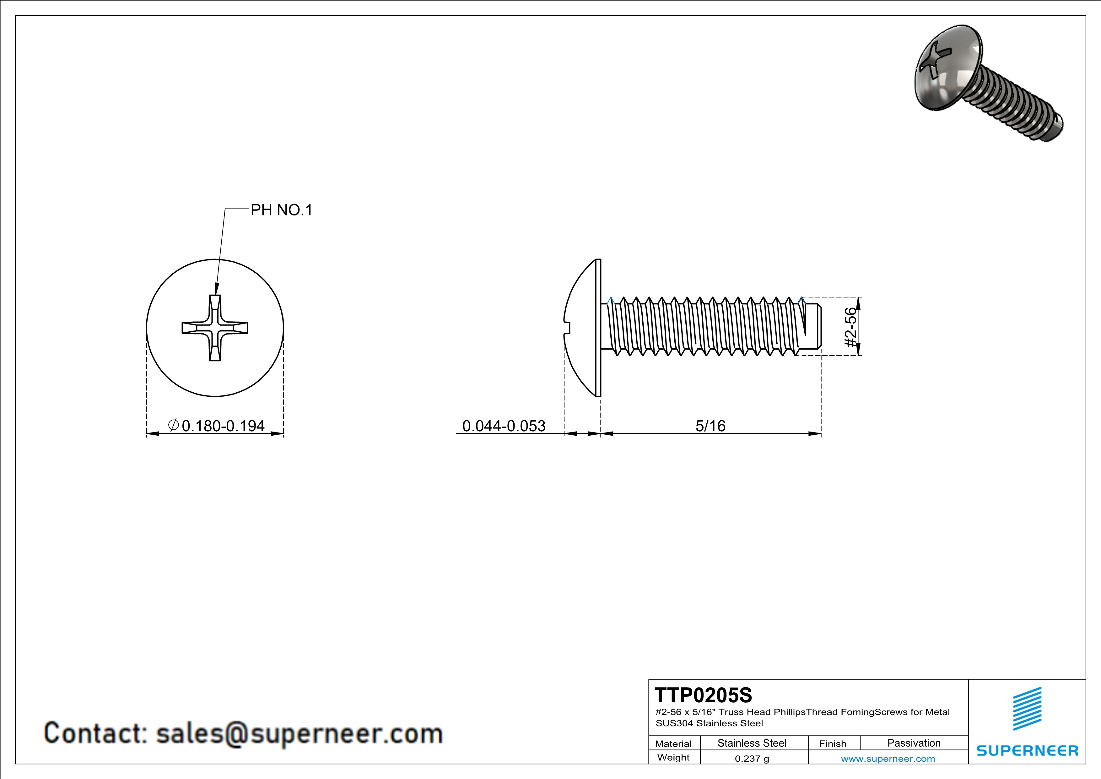 2-56 × 5/16 Truss Head Phillips Thread Forming  Screws for Metal  SUS304 Stainless Steel Inox