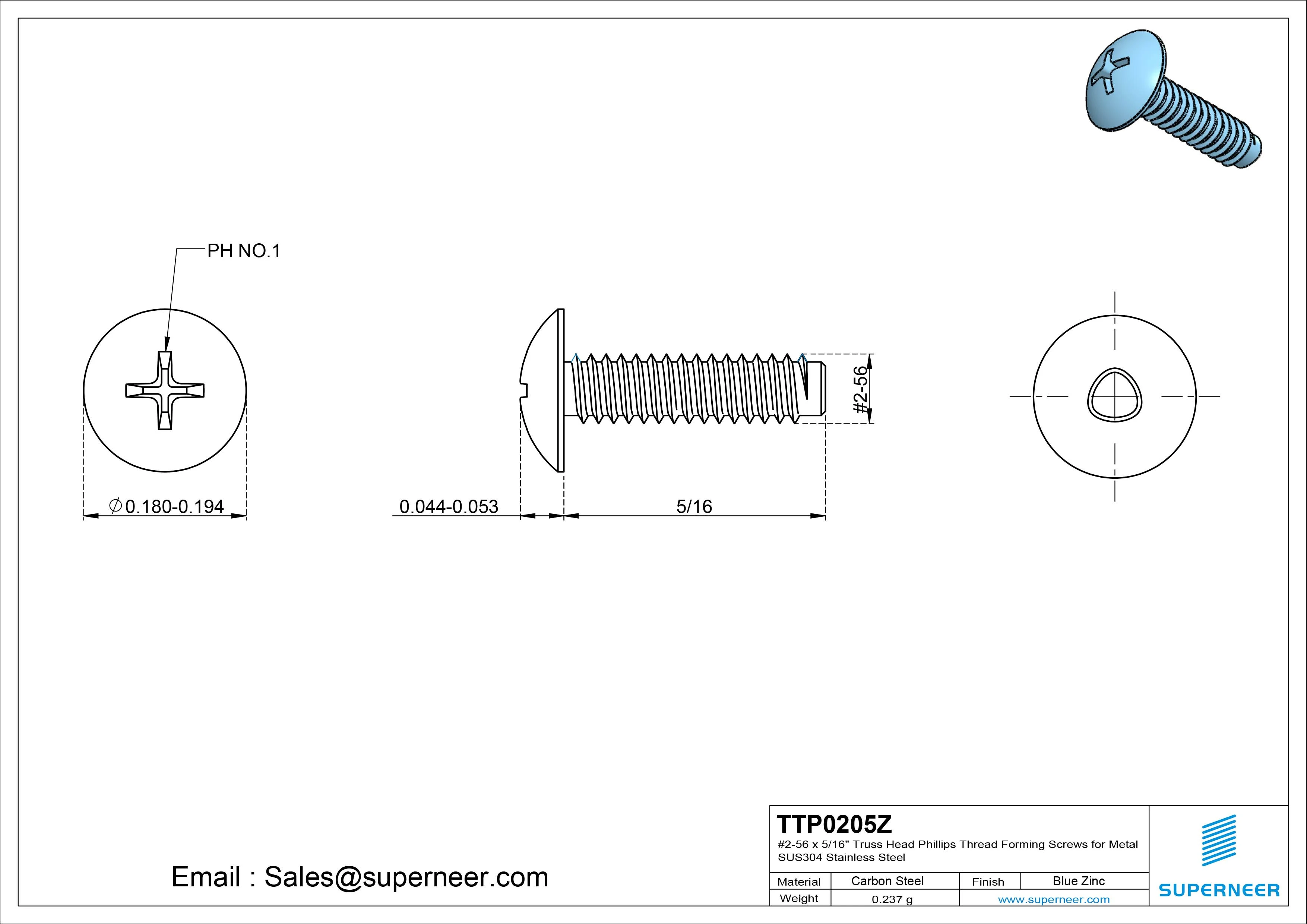 2-56 × 5/16 Truss Head Phillips Thread Forming  Screws for Metal  Steel Blue Zinc Plated