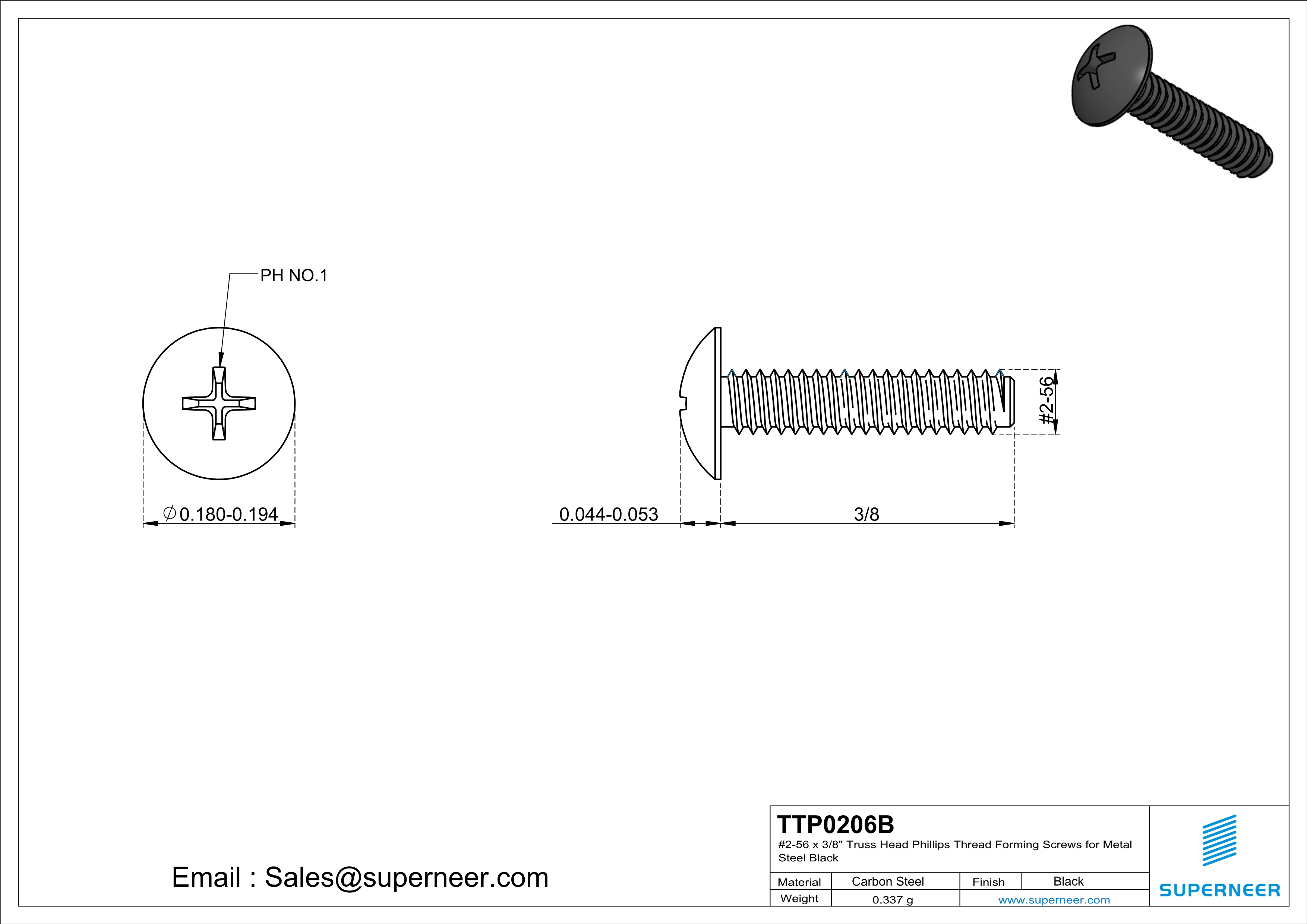 2-56 × 3/8 Truss Head Phillips Thread Forming  Screws for Metal  Steel Black