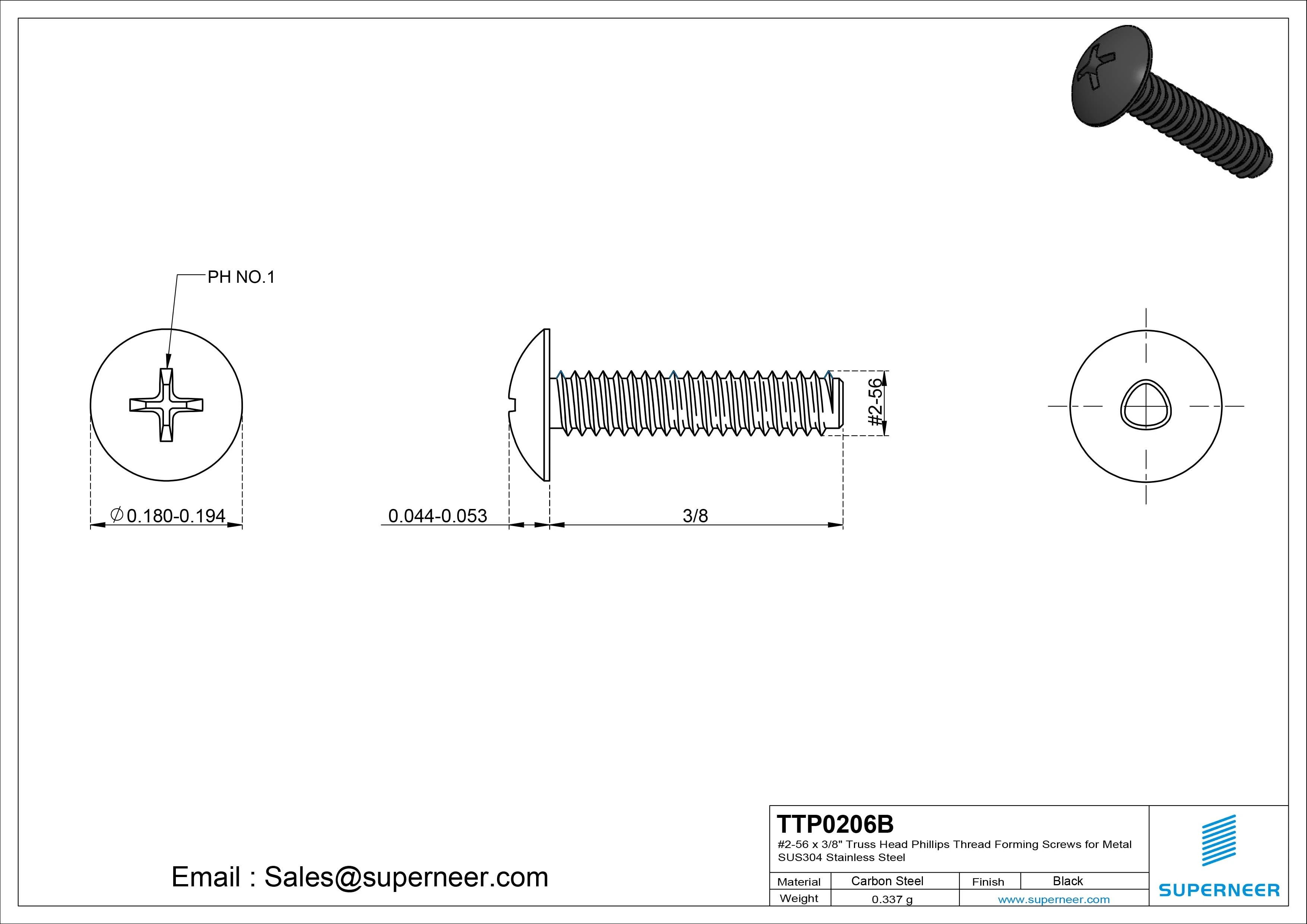 2-56 × 3/8 Truss Head Phillips Thread Forming  Screws for Metal  Steel Black