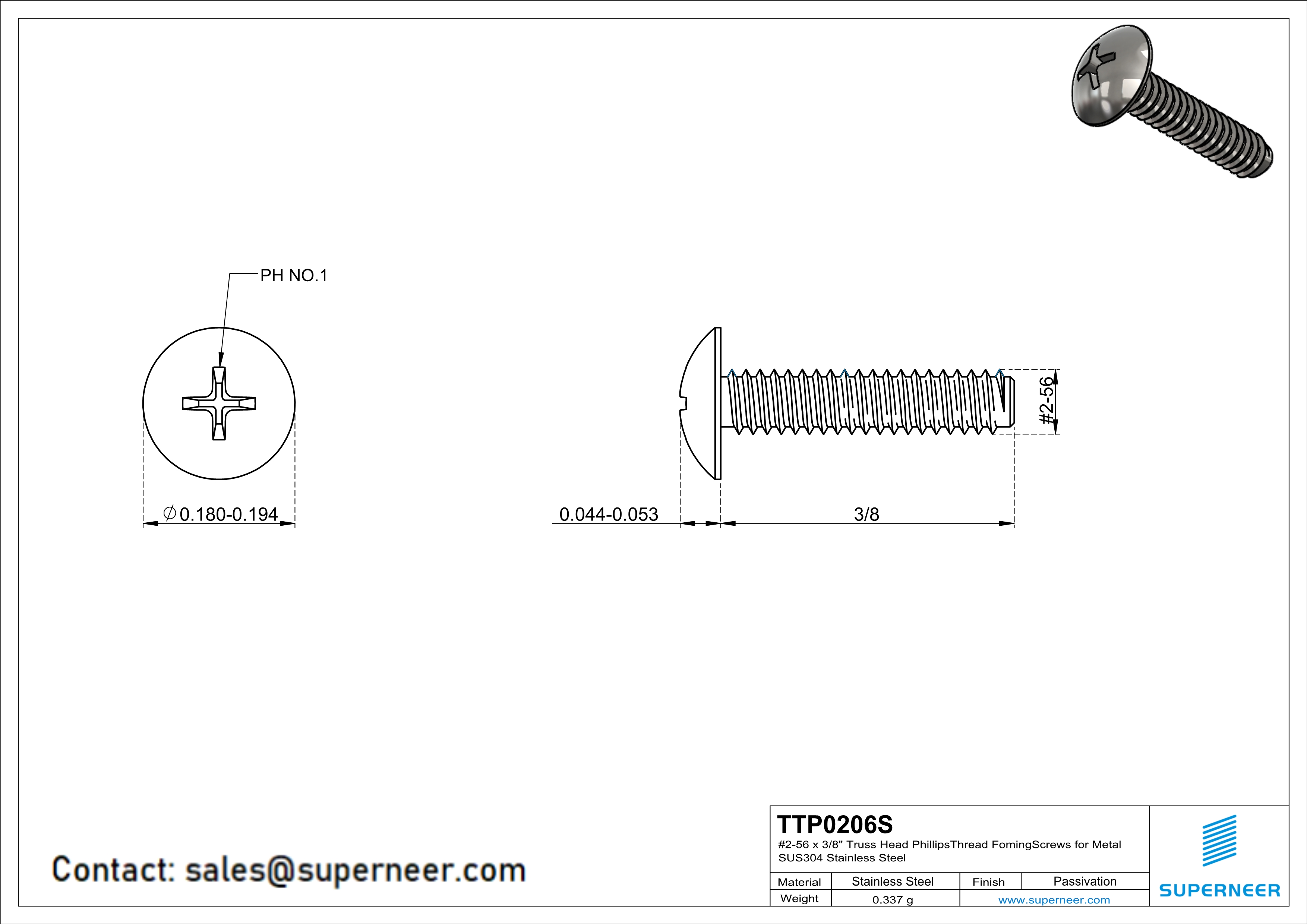 2-56 × 3/8 Truss Head Phillips Thread Forming  Screws for Metal  SUS304 Stainless Steel Inox