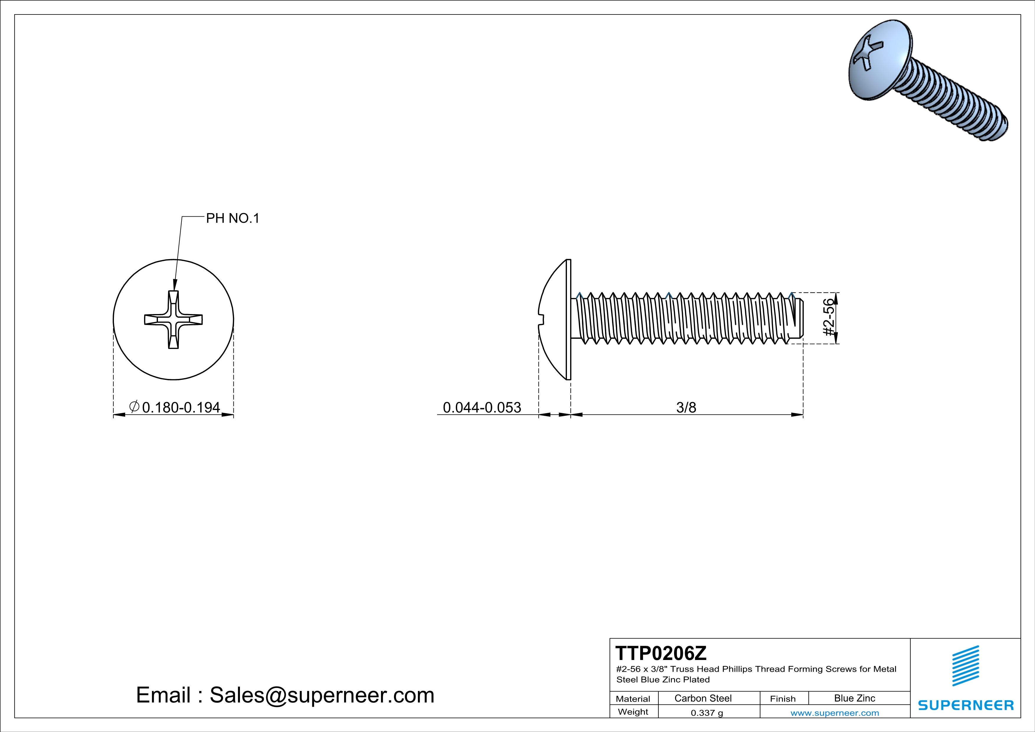 2-56 × 3/8 Truss Head Phillips Thread Forming  Screws for Metal  Steel Blue Zinc Plated