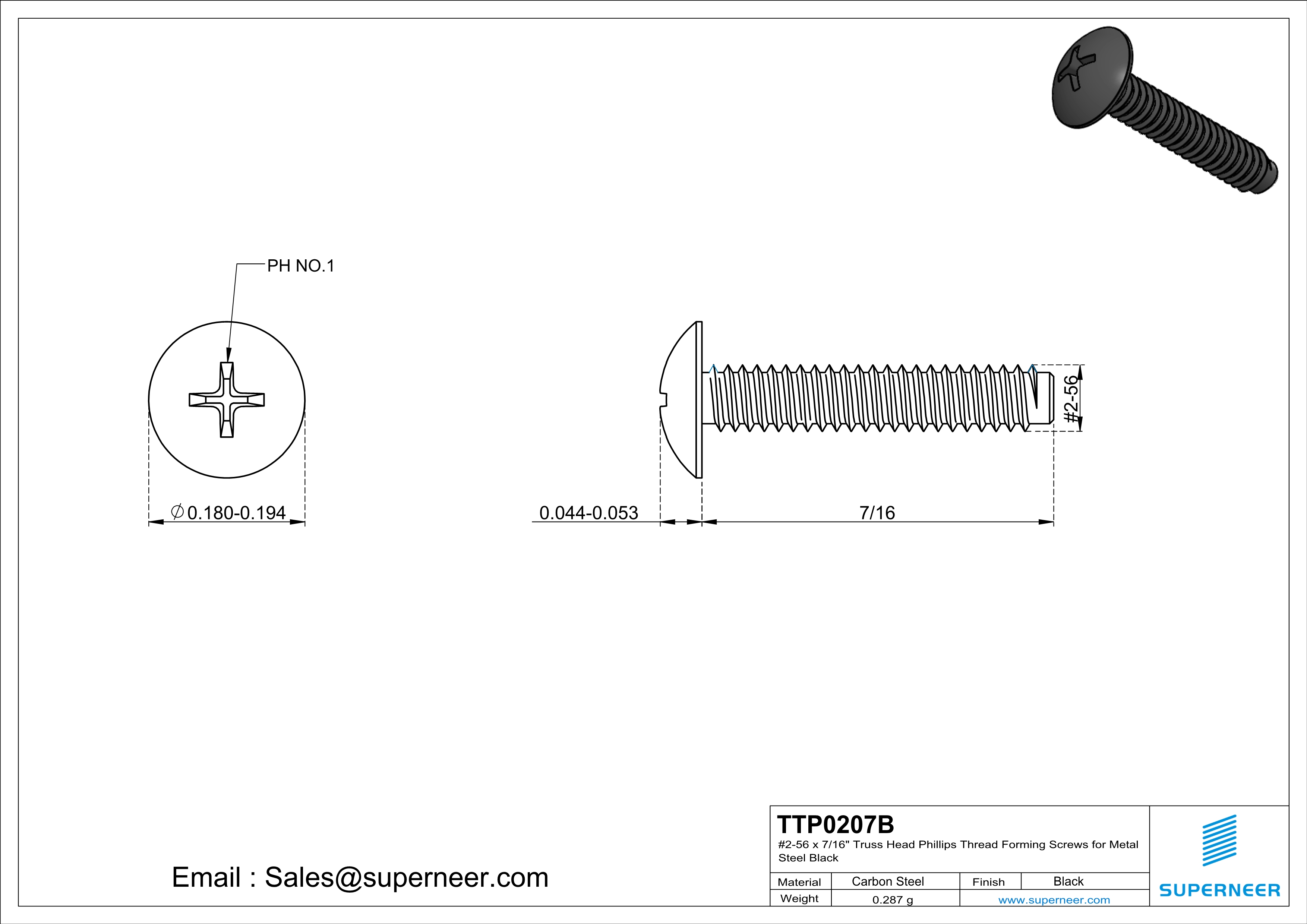 2-56 × 7/16 Truss Head Phillips Thread Forming  Screws for Metal  Steel Black