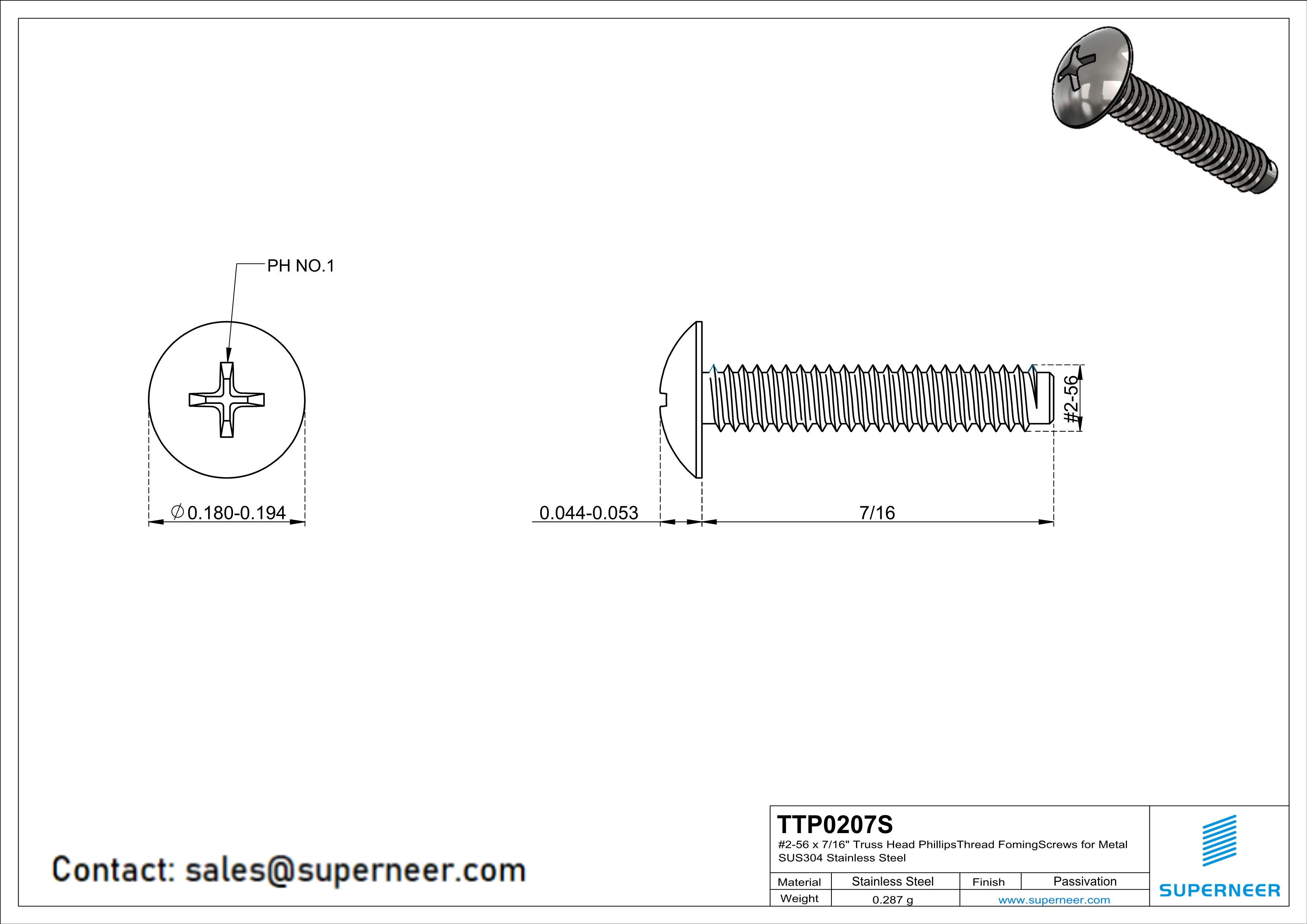 2-56 × 7/16 Truss Head Phillips Thread Forming  Screws for Metal  SUS304 Stainless Steel Inox