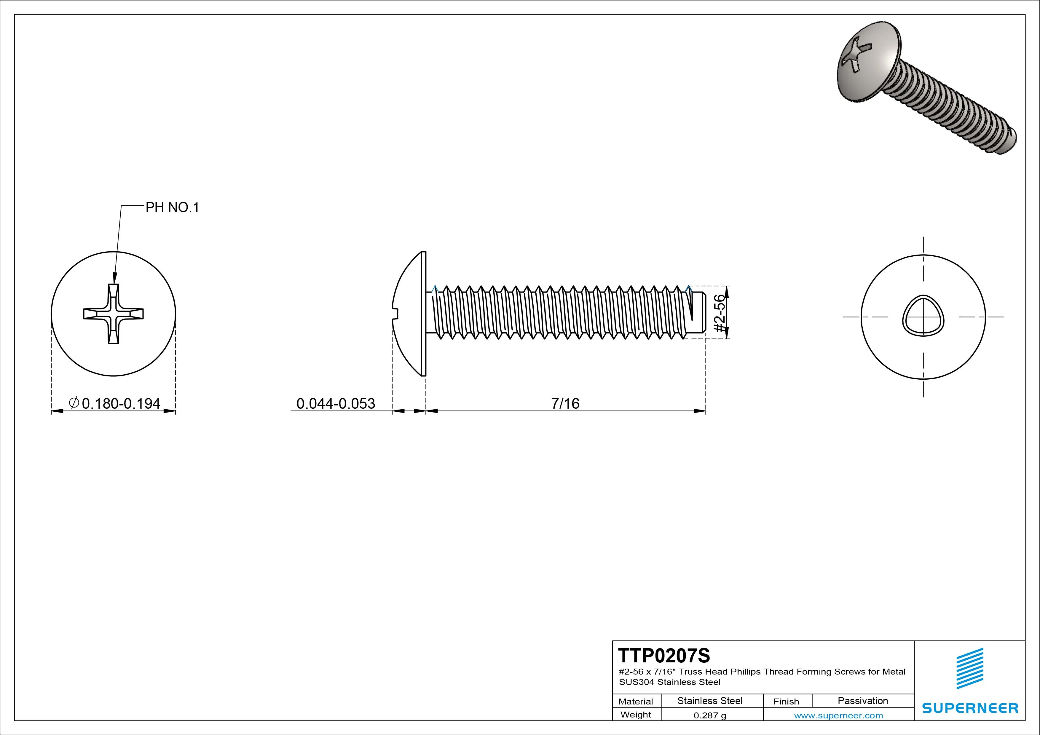 2-56 × 7/16 Truss Head Phillips Thread Forming  Screws for Metal  SUS304 Stainless Steel Inox