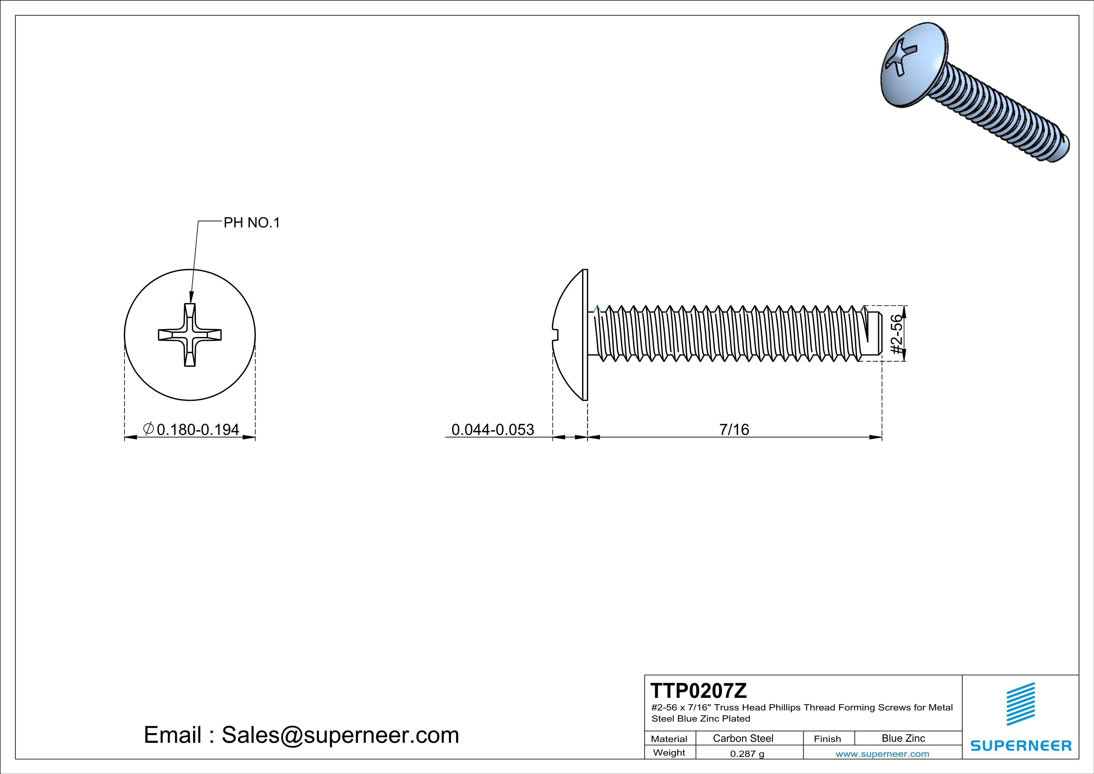 2-56 × 7/16 Truss Head Phillips Thread Forming  Screws for Metal  Steel Blue Zinc Plated