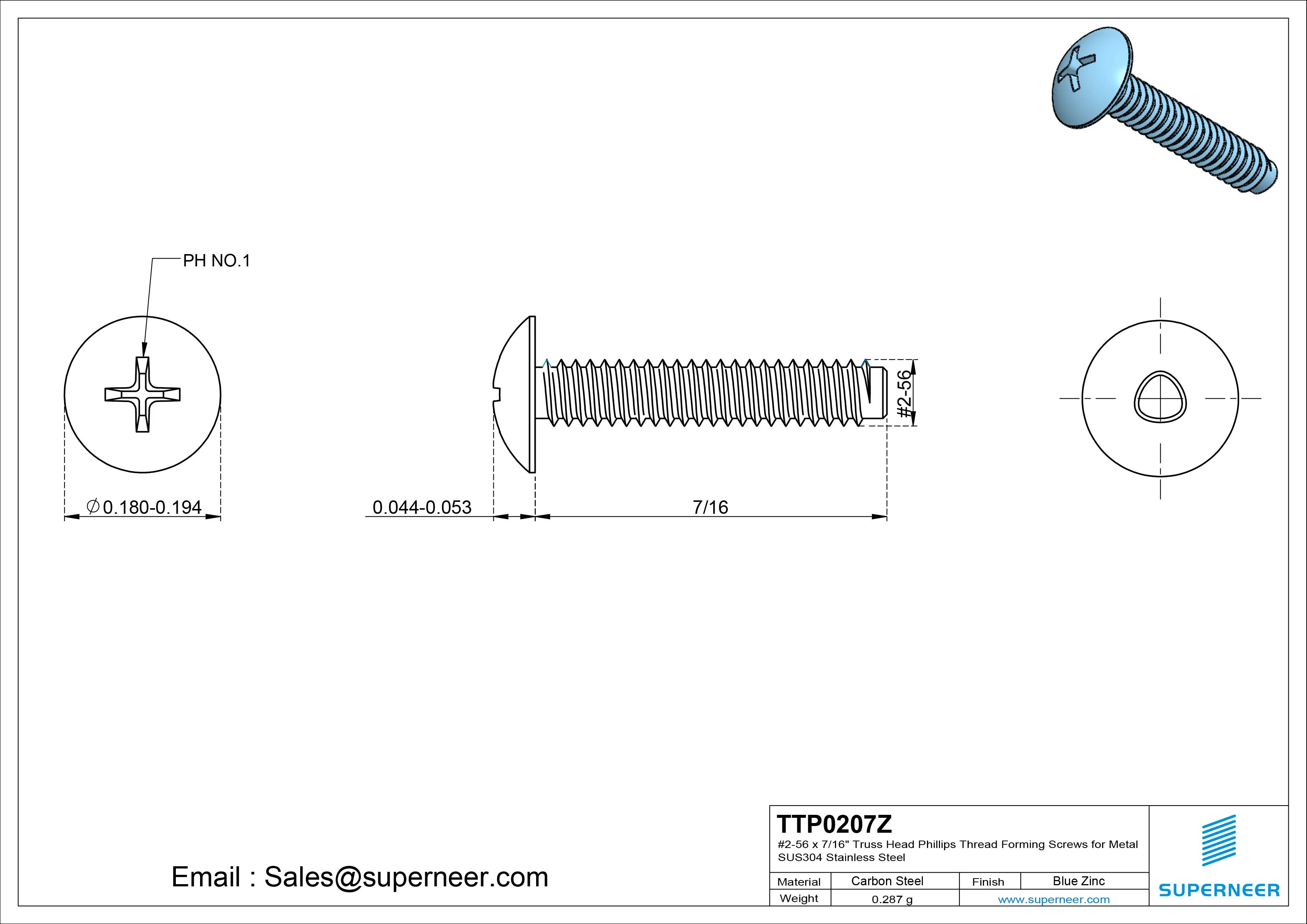 2-56 × 7/16 Truss Head Phillips Thread Forming  Screws for Metal  Steel Blue Zinc Plated