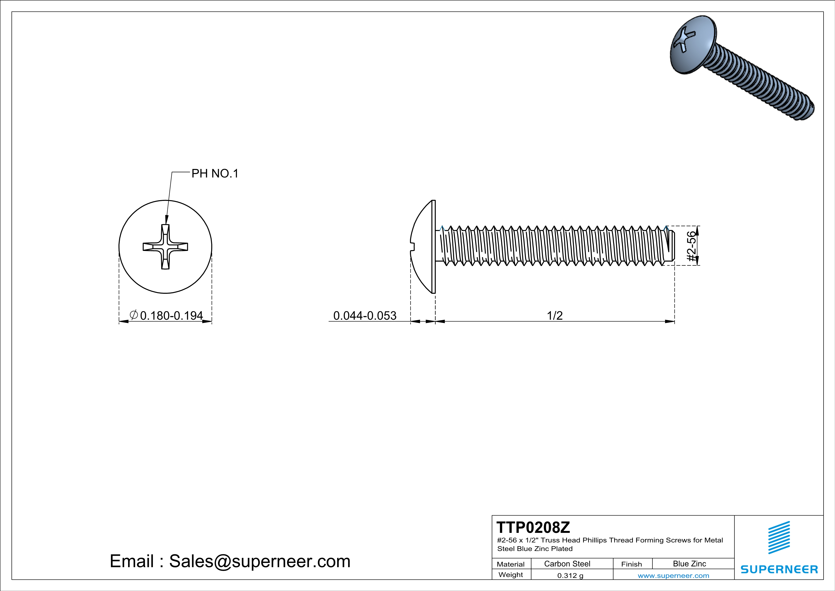 2-56 × 1/2 Truss Head Phillips Thread Forming  Screws for Metal  Steel Blue Zinc Plated