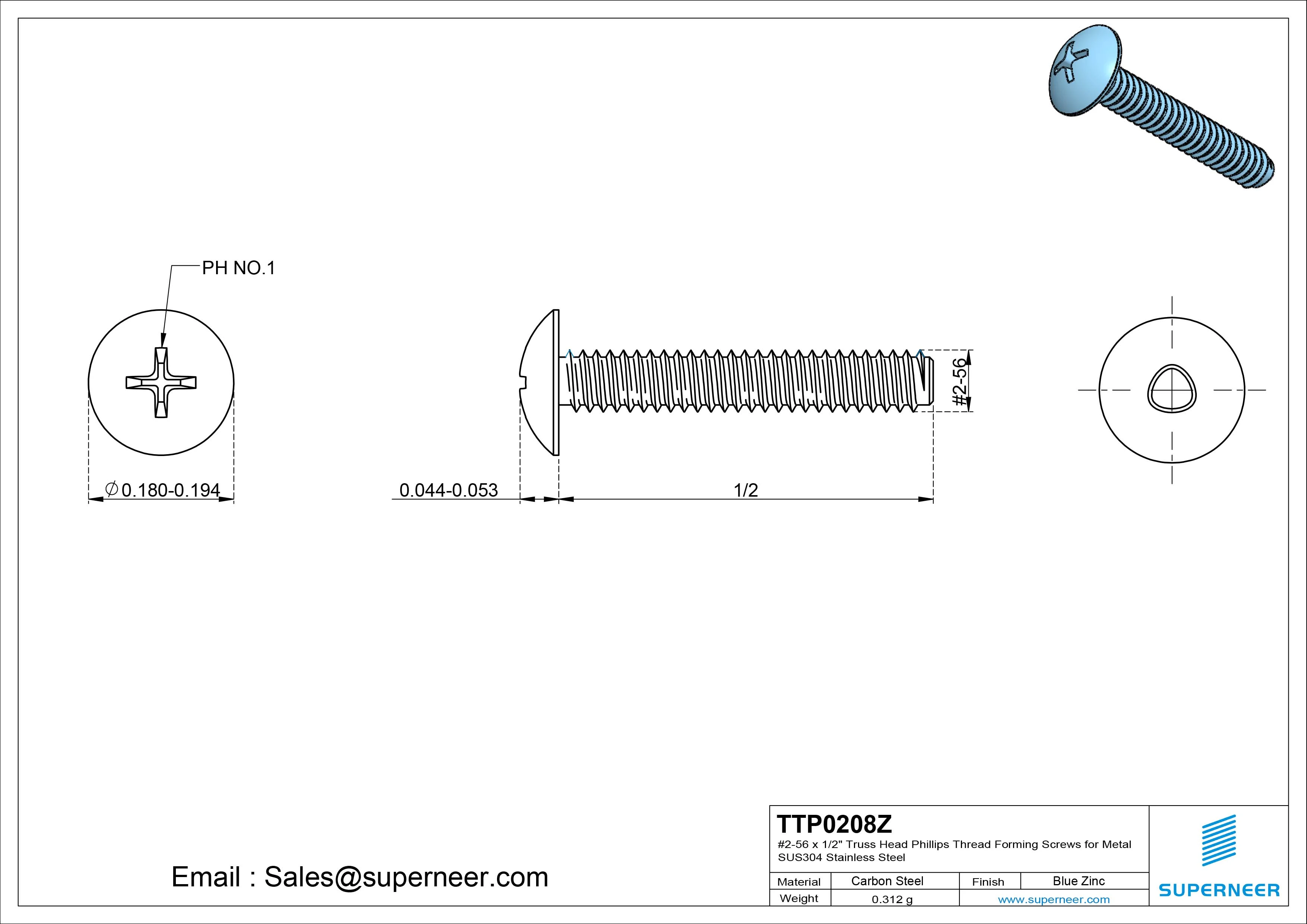 2-56 × 1/2 Truss Head Phillips Thread Forming  Screws for Metal  Steel Blue Zinc Plated