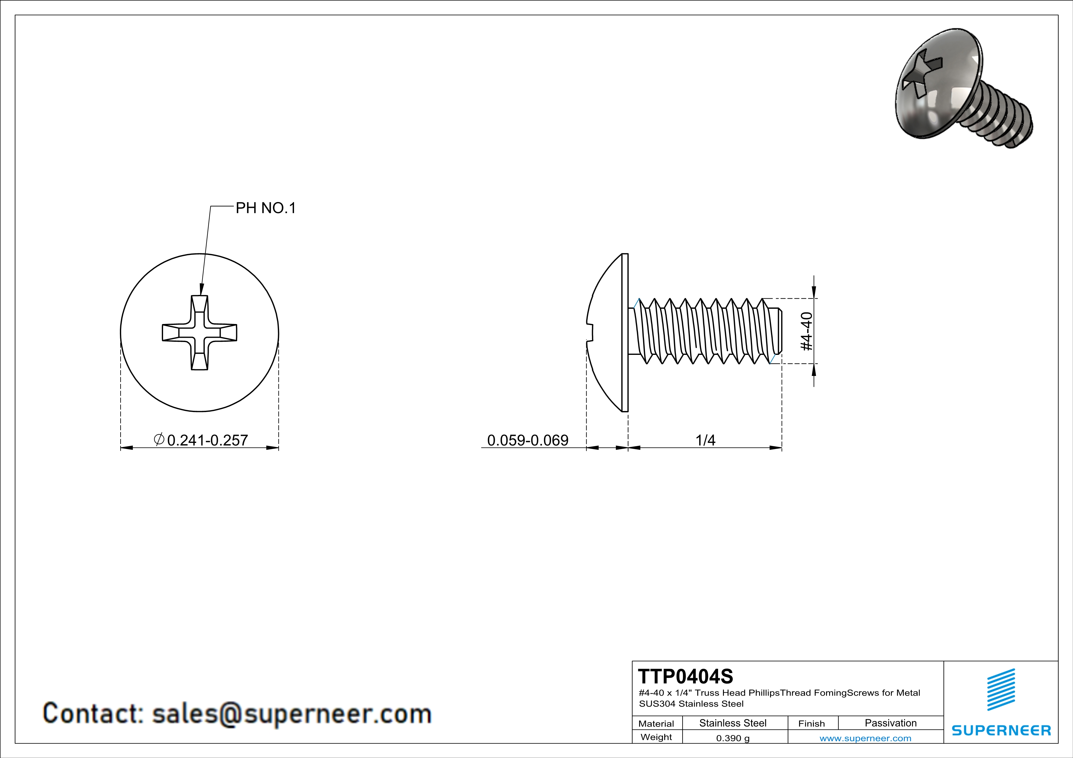 4-40 × 1/4 Truss Head Phillips Thread Forming  Screws for Metal  SUS304 Stainless Steel Inox