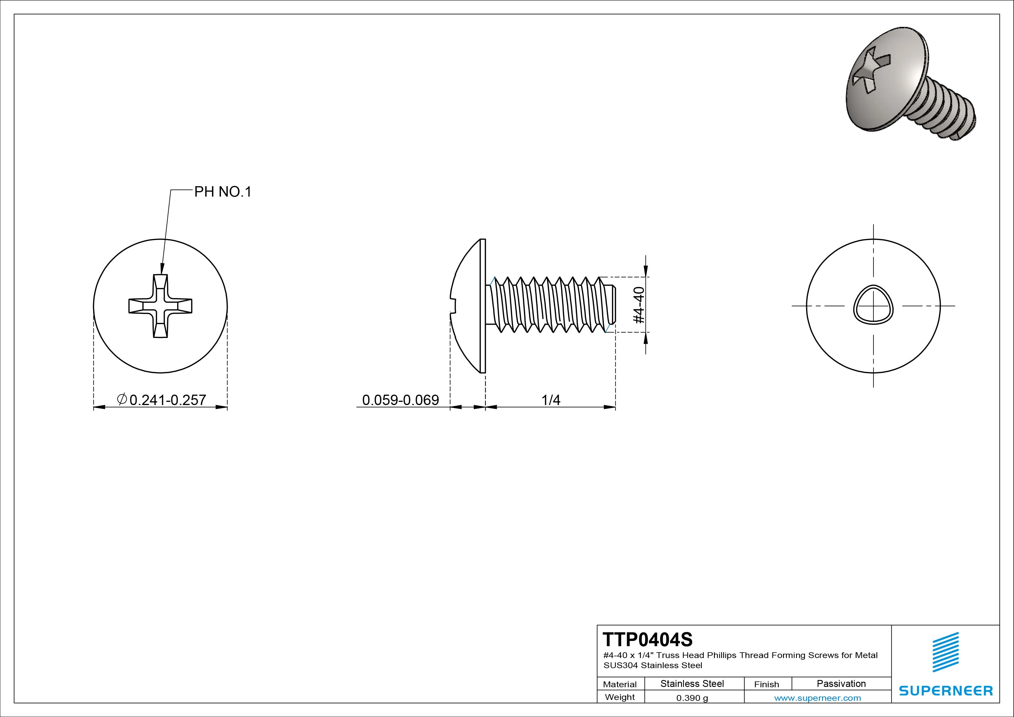 4-40 × 1/4 Truss Head Phillips Thread Forming  Screws for Metal  SUS304 Stainless Steel Inox