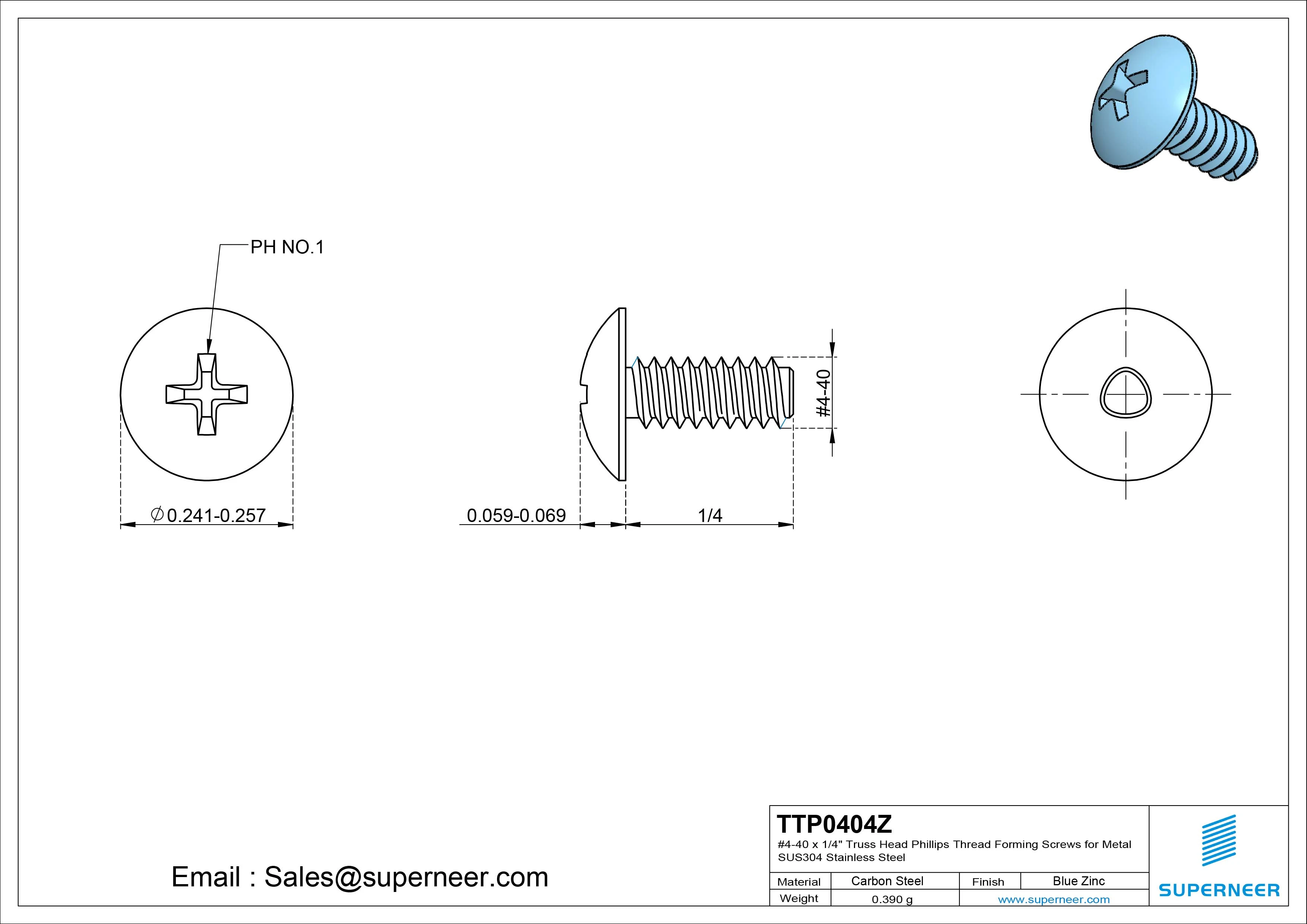 4-40 × 1/4 Truss Head Phillips Thread Forming  Screws for Metal  Steel Blue Zinc Plated