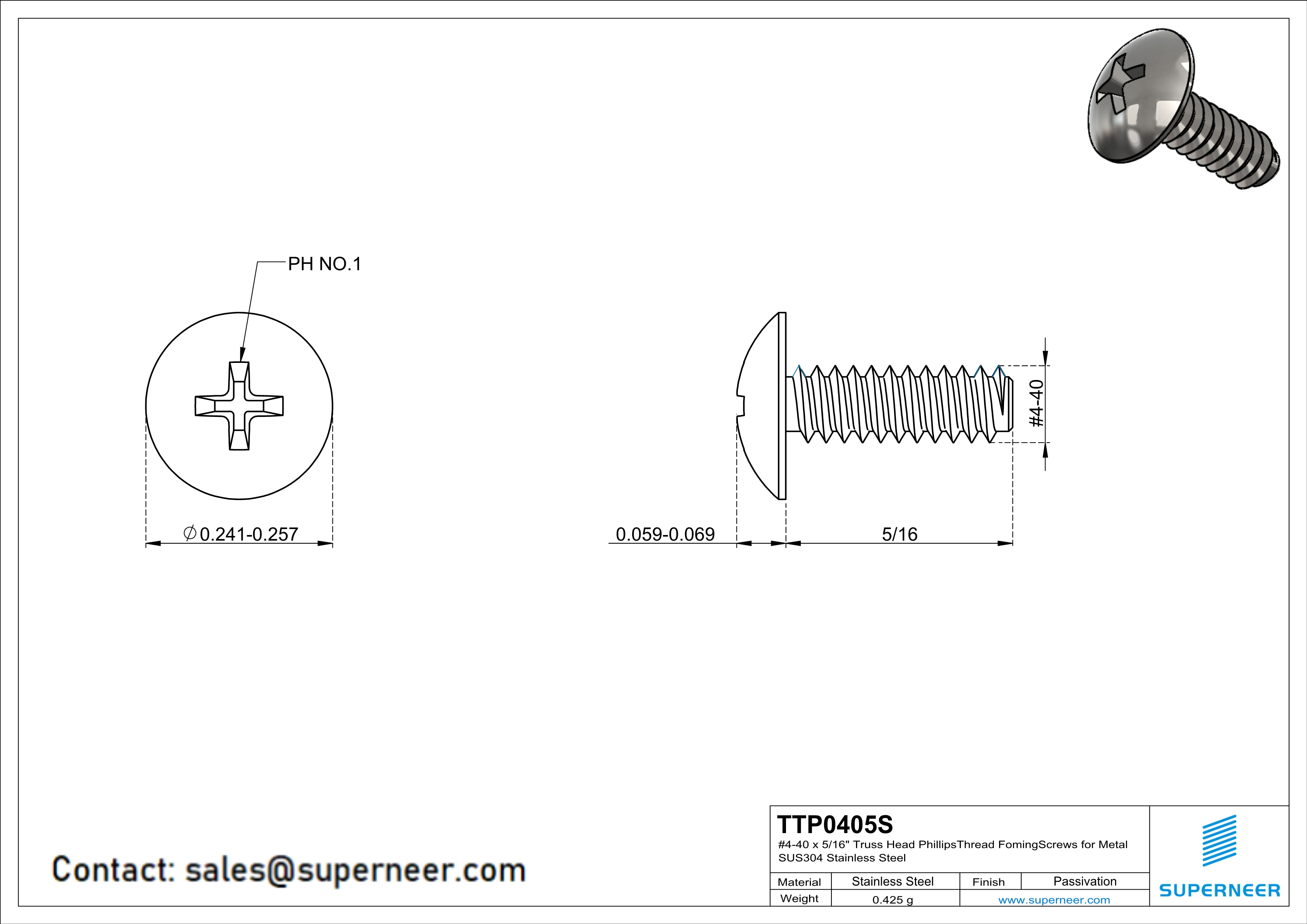 4-40 × 5/16 Truss Head Phillips Thread Forming  Screws for Metal  SUS304 Stainless Steel Inox