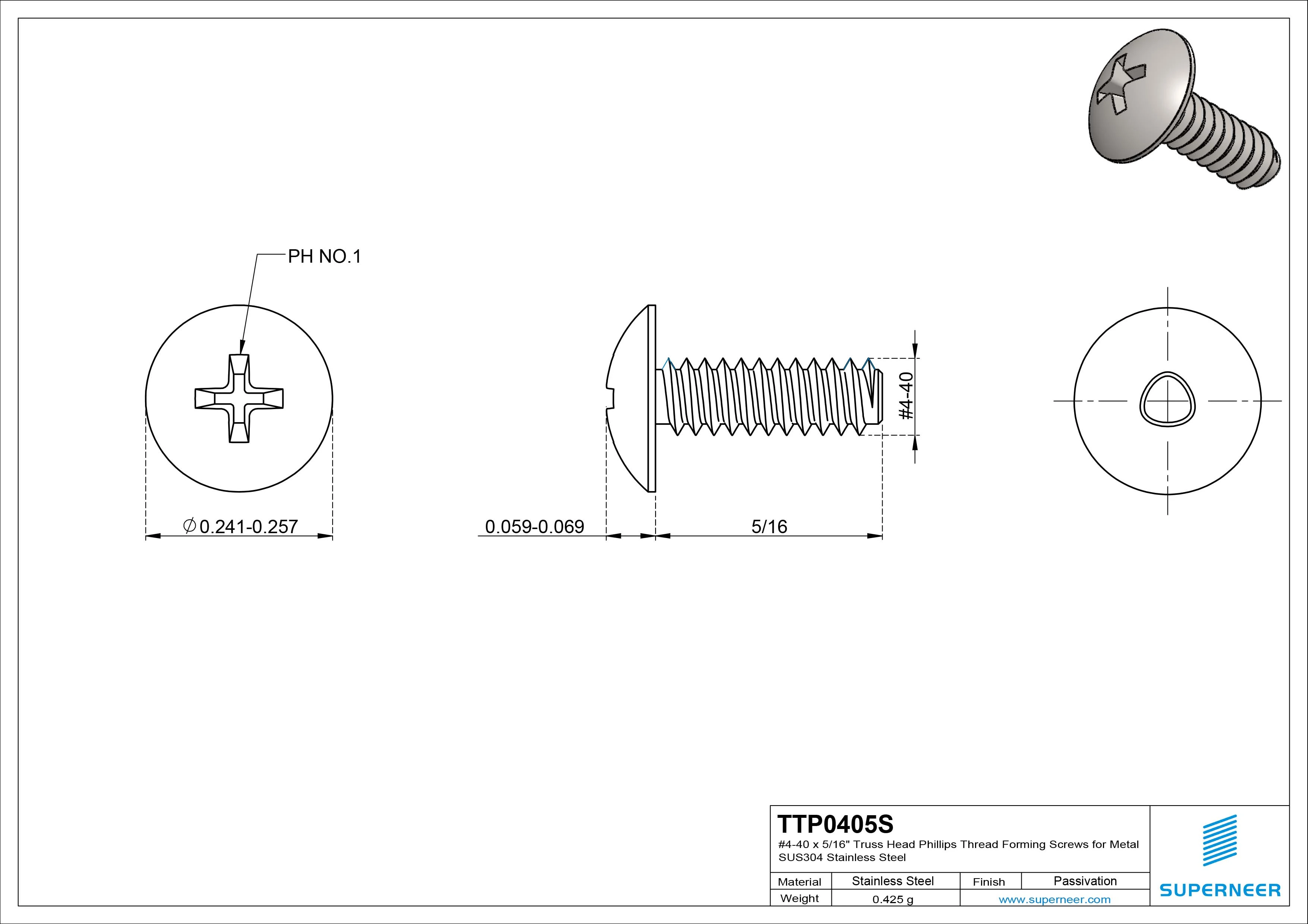 4-40 × 5/16 Truss Head Phillips Thread Forming  Screws for Metal  SUS304 Stainless Steel Inox